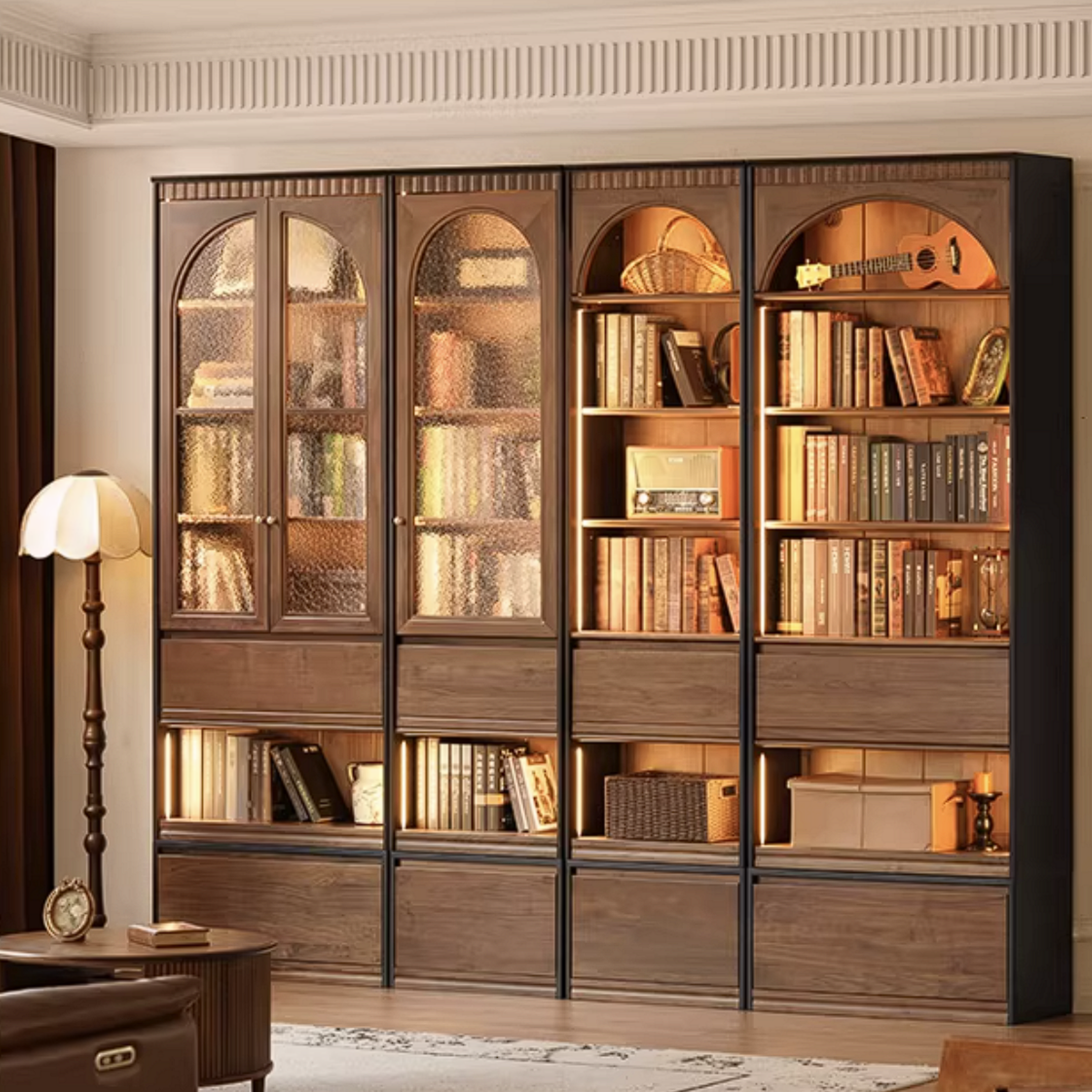 Black Walnut Solid Wood Bookcase with French Retro Display Cabinet