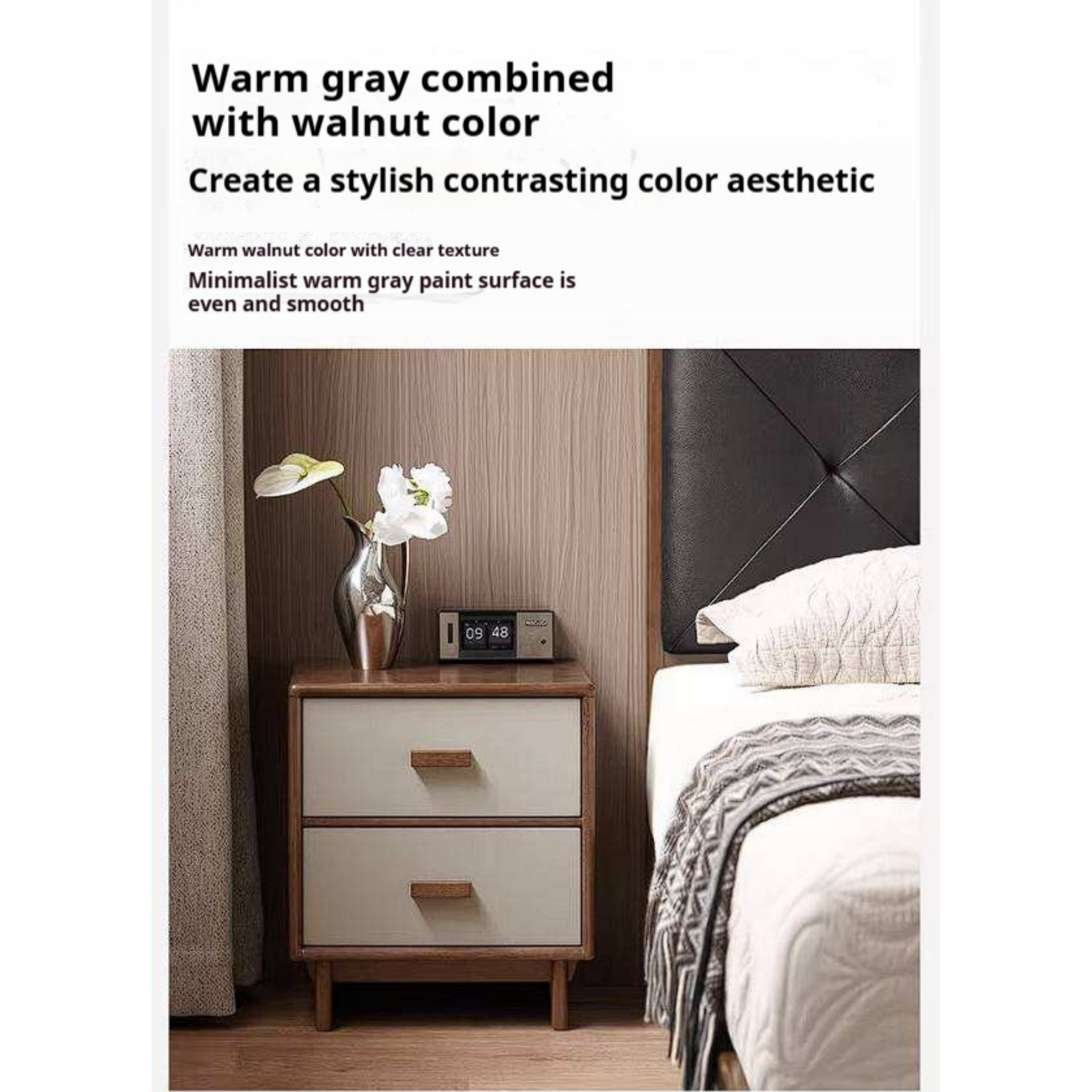 Rubberwood Solid Wood Two-Tone Nightstand with Cream Drawer Fronts and Tapered Legs
