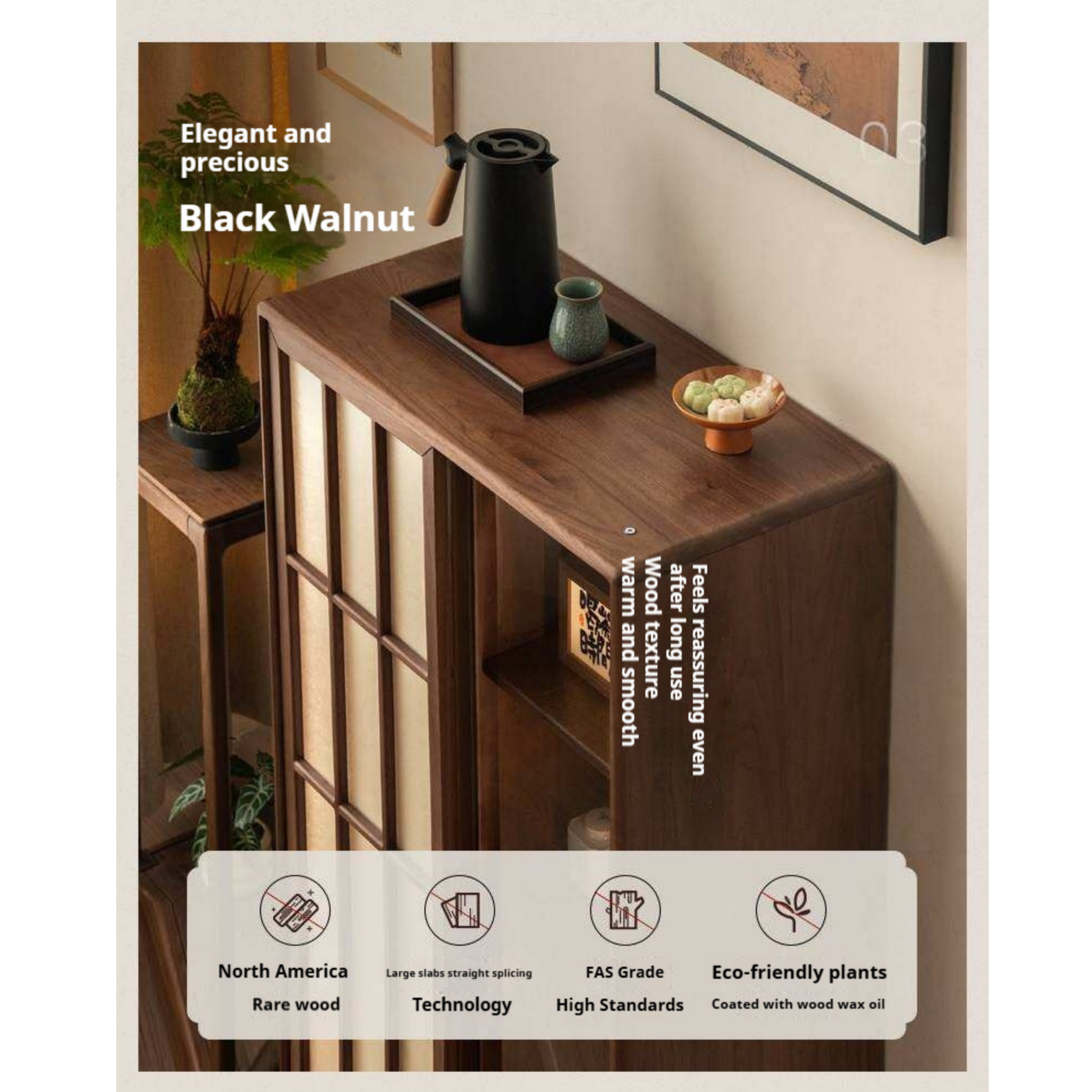 Black Walnut Solid Wood Side Cabinet with Elegant Display and Storage Design