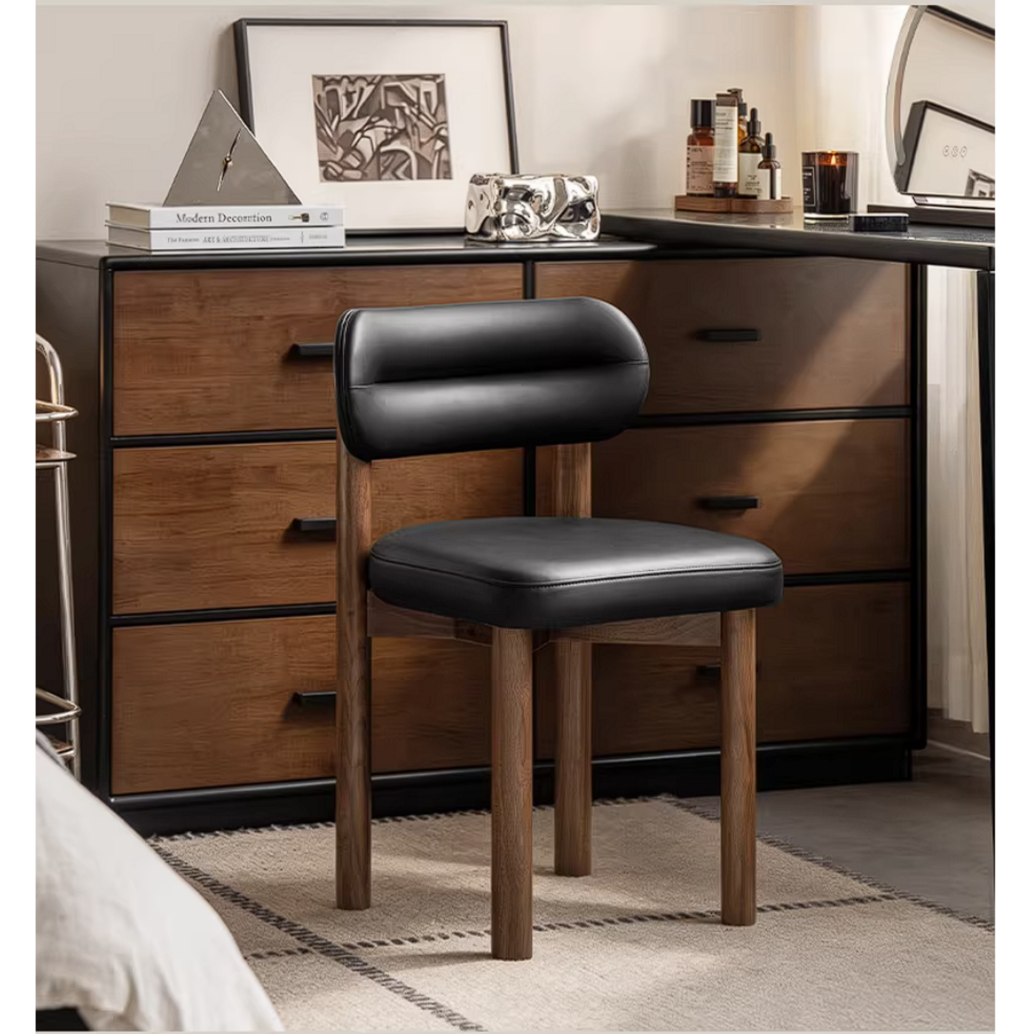 Black Walnut Solid Wood Vanity Stool with Curved Back