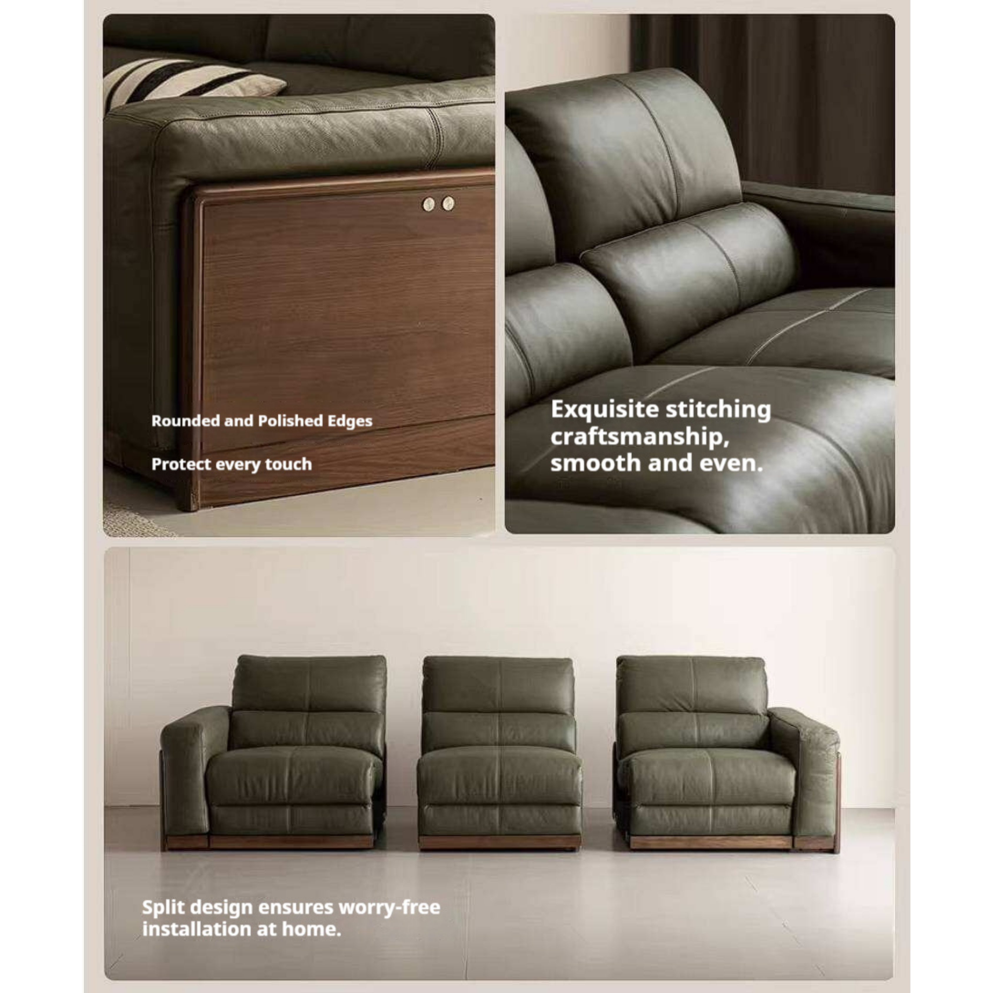 Black Walnut Solid Wood Genuine Leather Reclining Sofa with Zero Wall Clearance