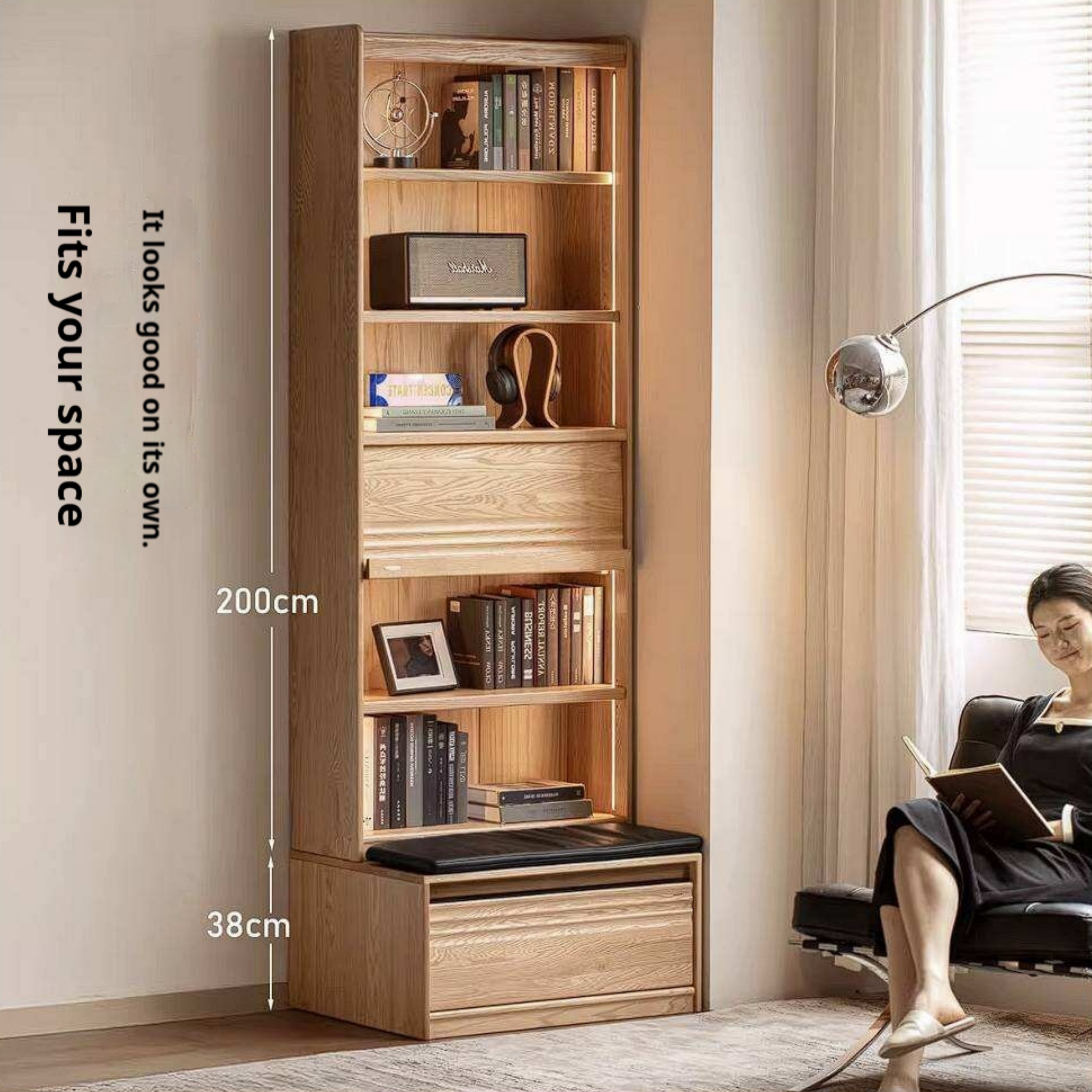 Oak Solid Wood Bookshelf with Integrated Booth Seating