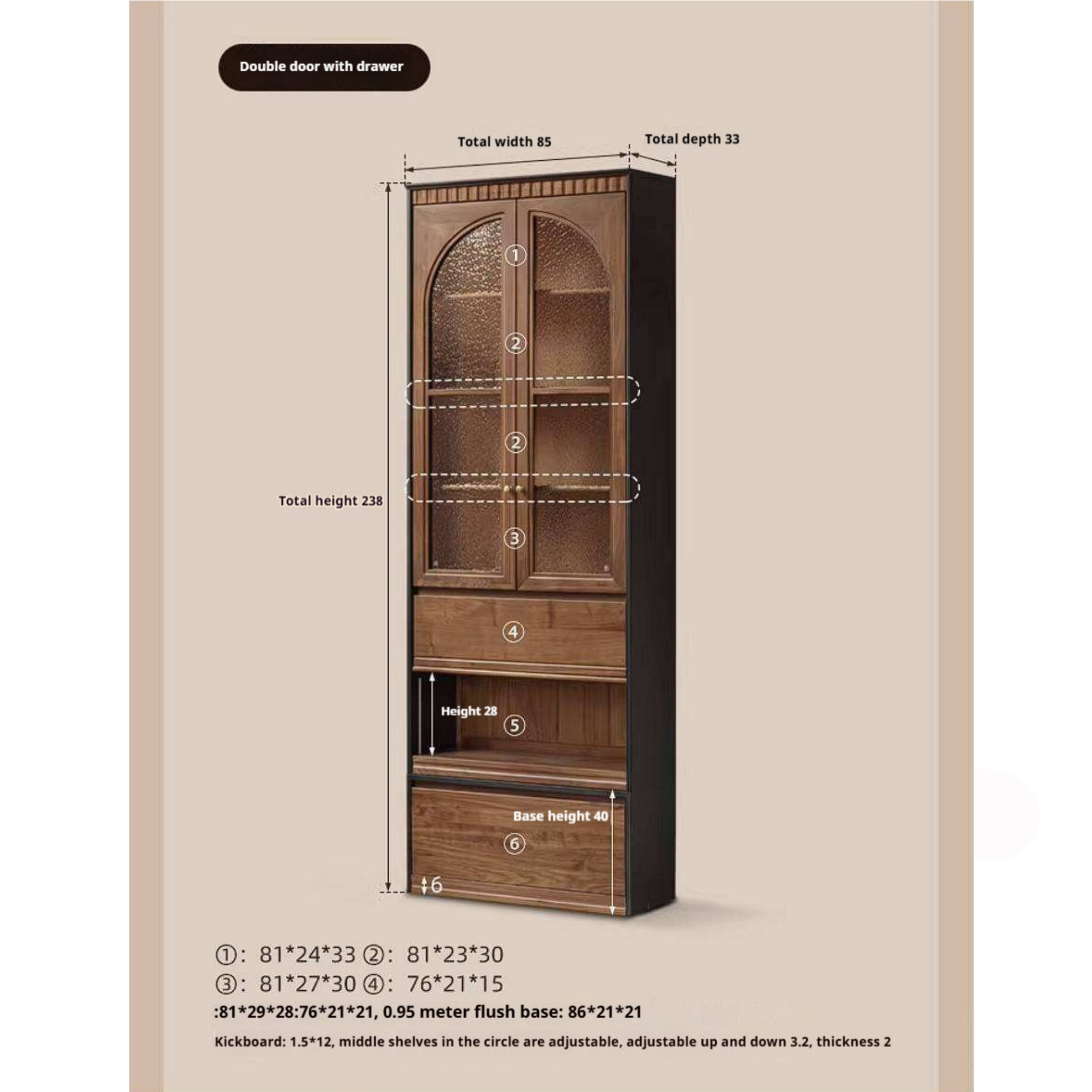 Black Walnut Solid Wood Bookcase with French Retro Display Cabinet