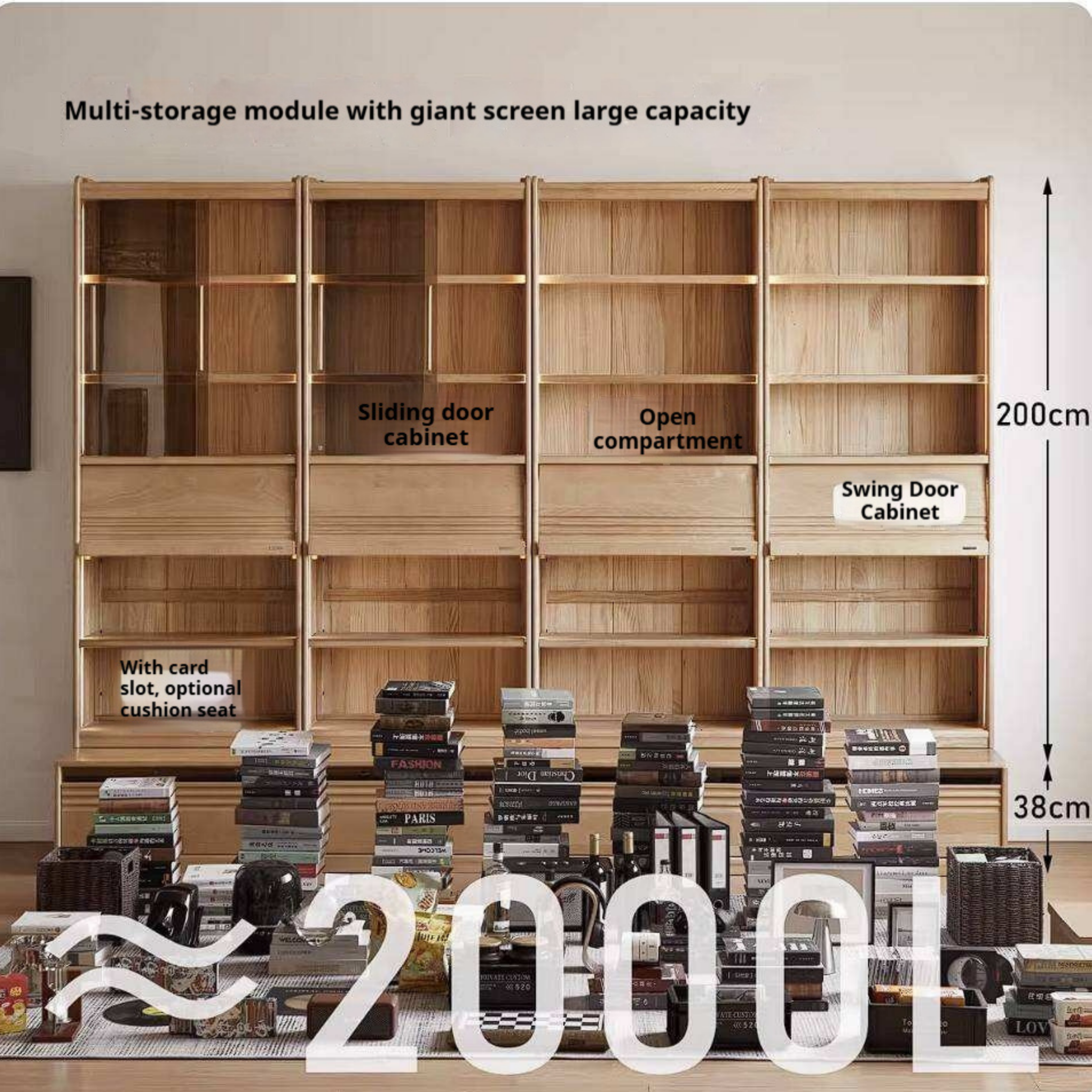 Ash Solid Wood Bookshelf with Wall Mounted Display Cabinet Design