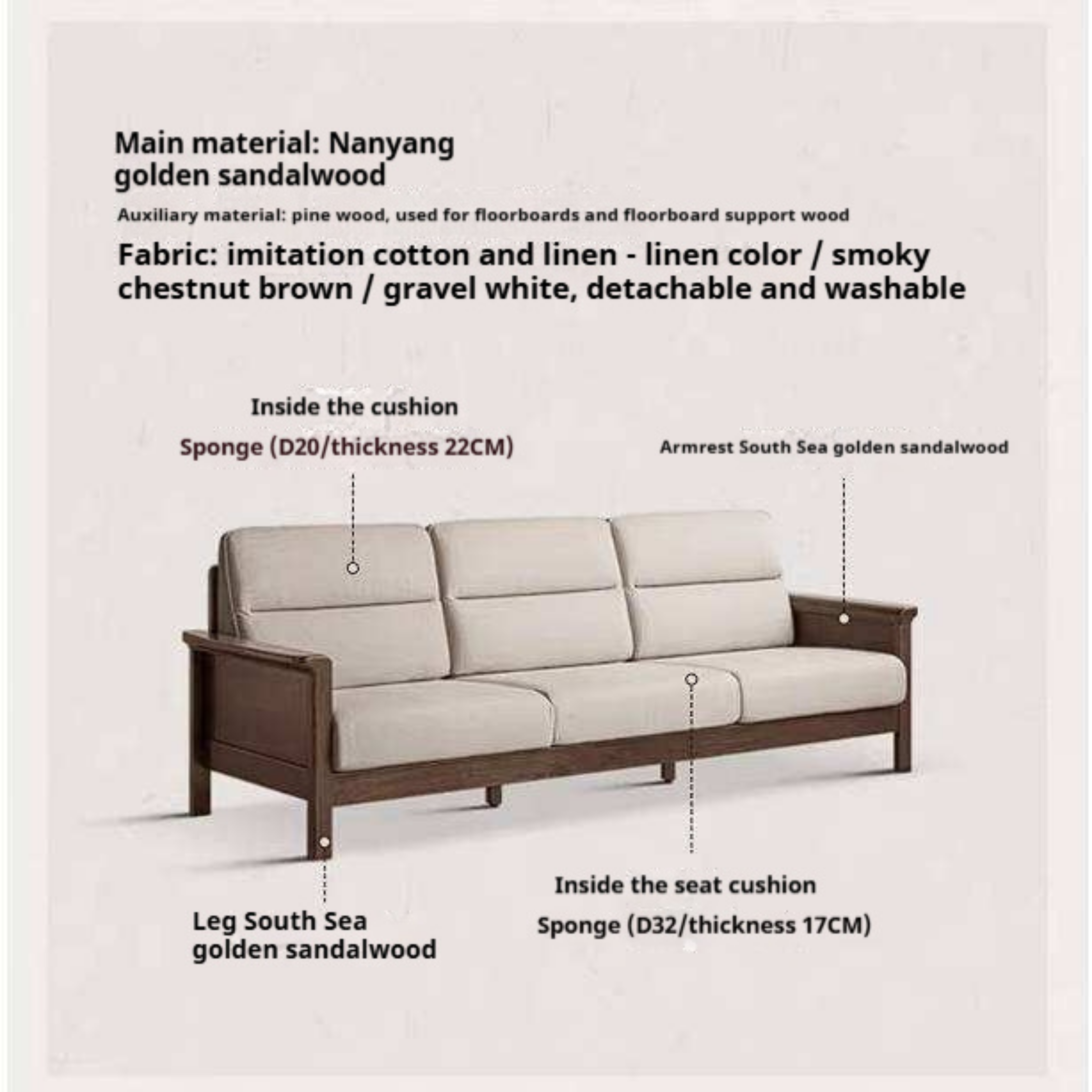 Golden Sandalwood Solid Wood Sofa with Soft Fabric Cushions