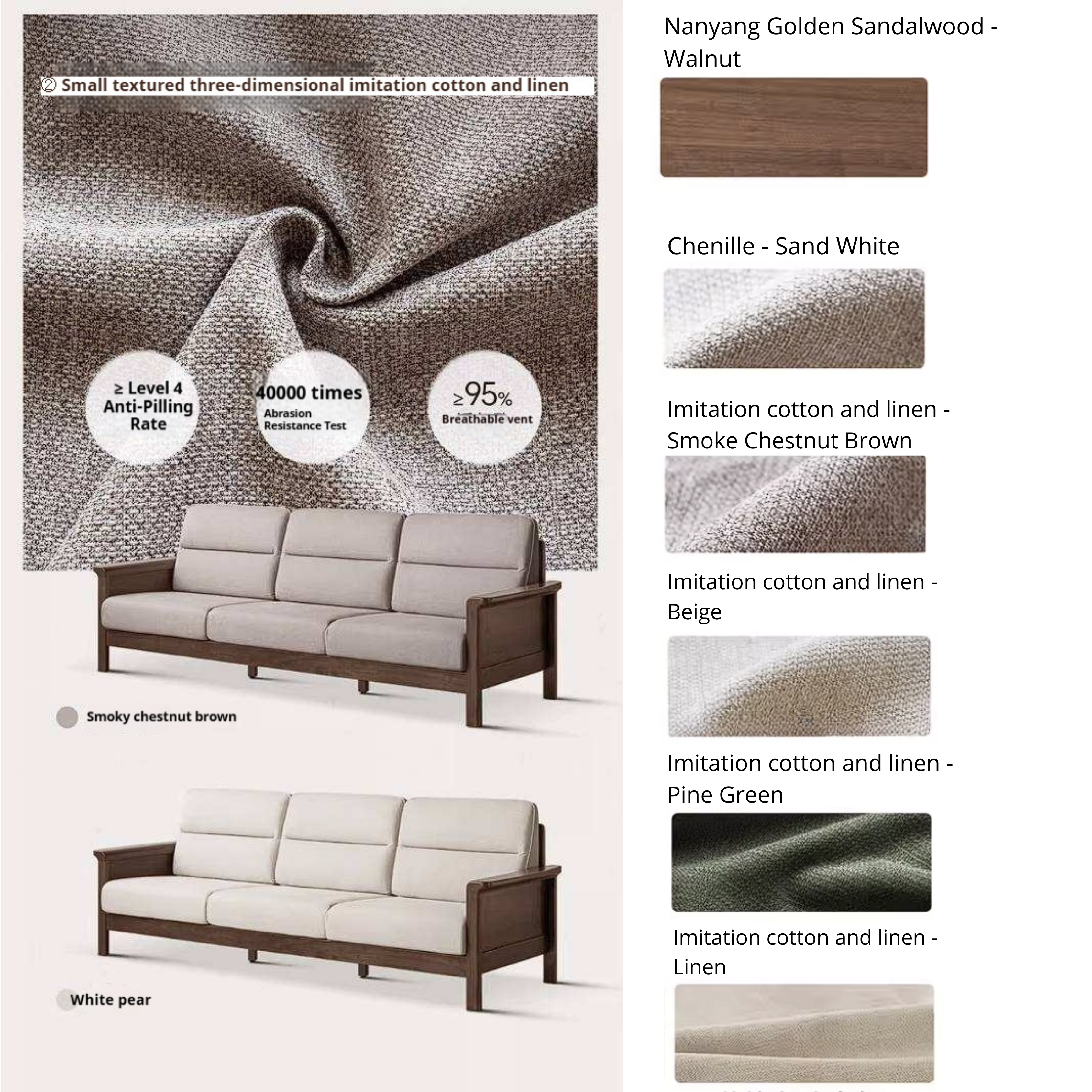 Golden Sandalwood Solid Wood Sofa with Soft Fabric Cushions