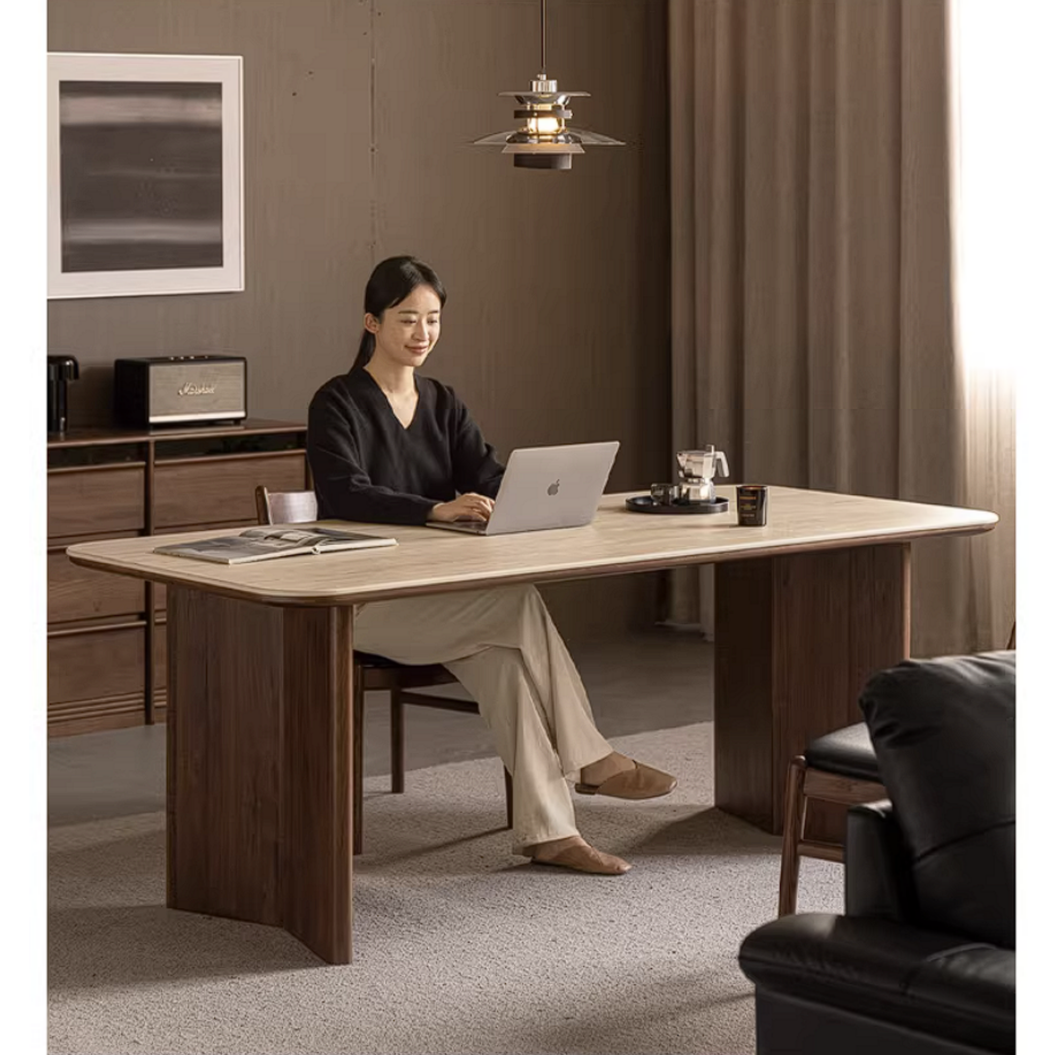 Black Walnut Solid Wood Trestle Dining Table with Stone Top and Panel Legs