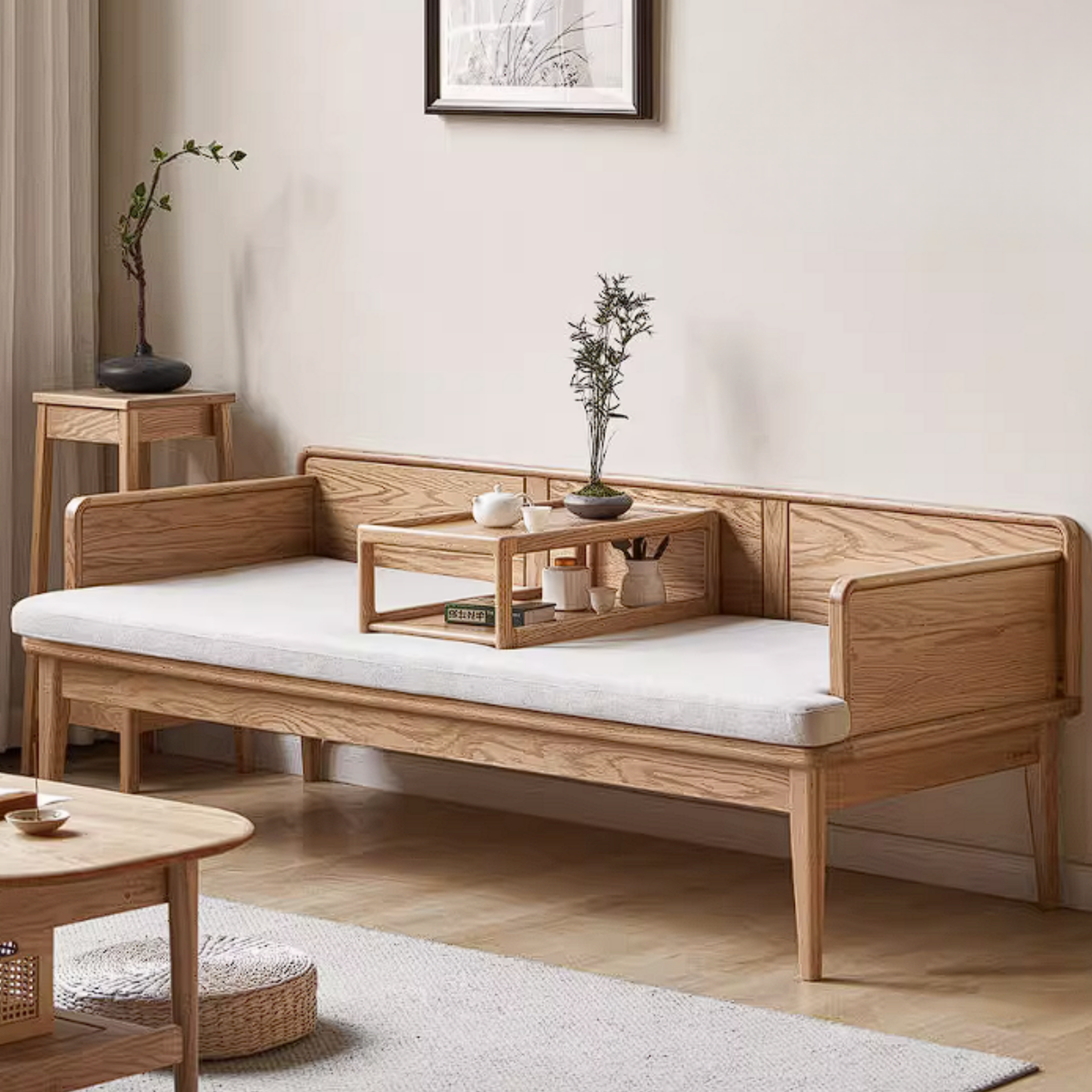 Oak Solid Wood Convertible Sofa Bed with Clean Frame Design