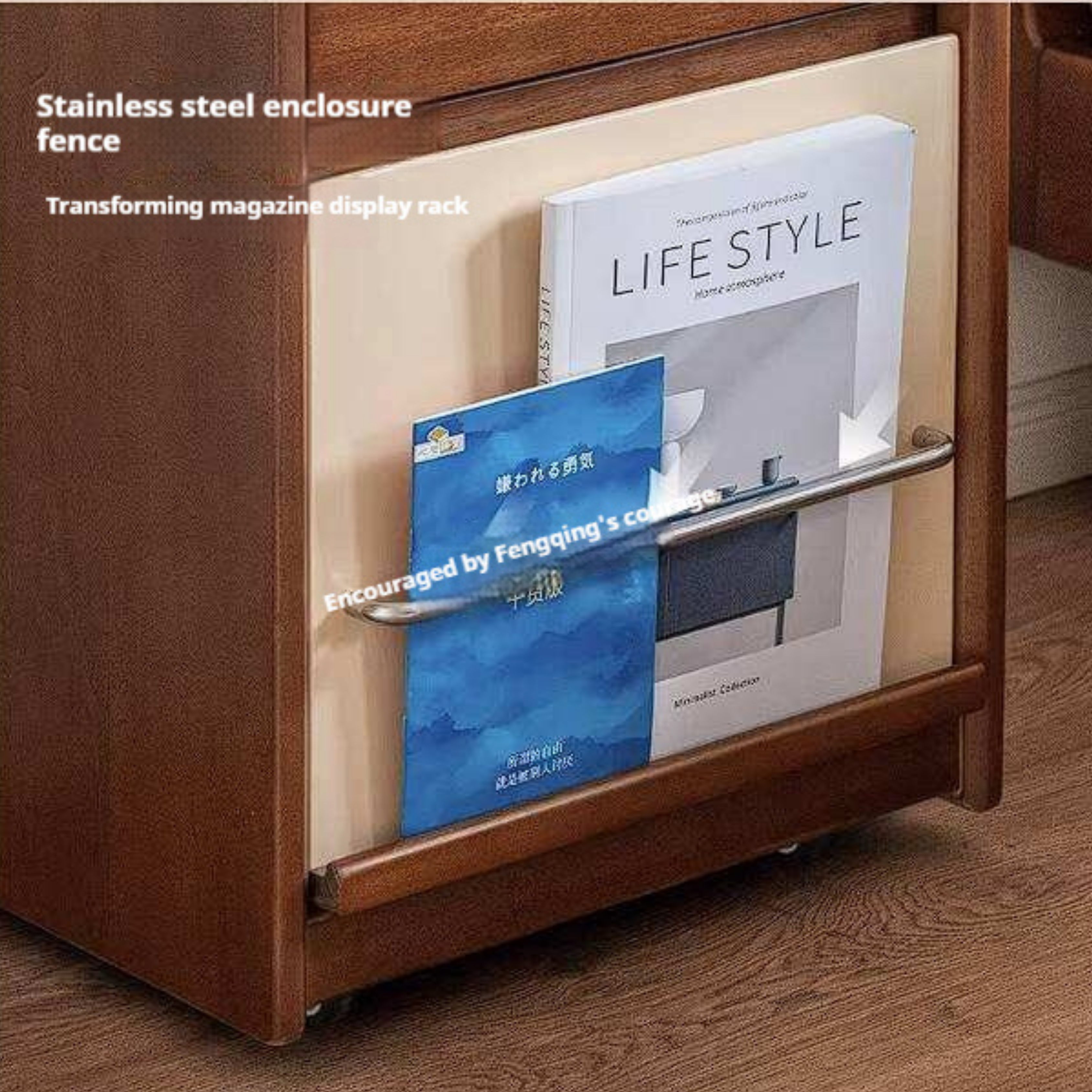 Poplar Solid Wood Two-Tone Rolling Nightstand with Magazine Rail