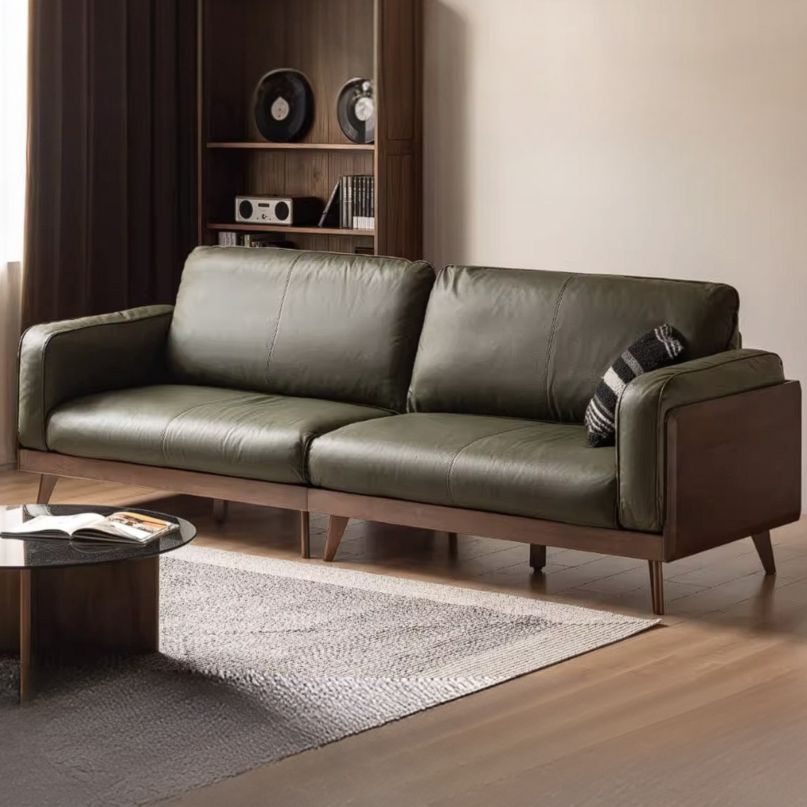 Rubberwood Solid Wood Genuine leather Sofa with Deep Seats and Slim Walnut Frame