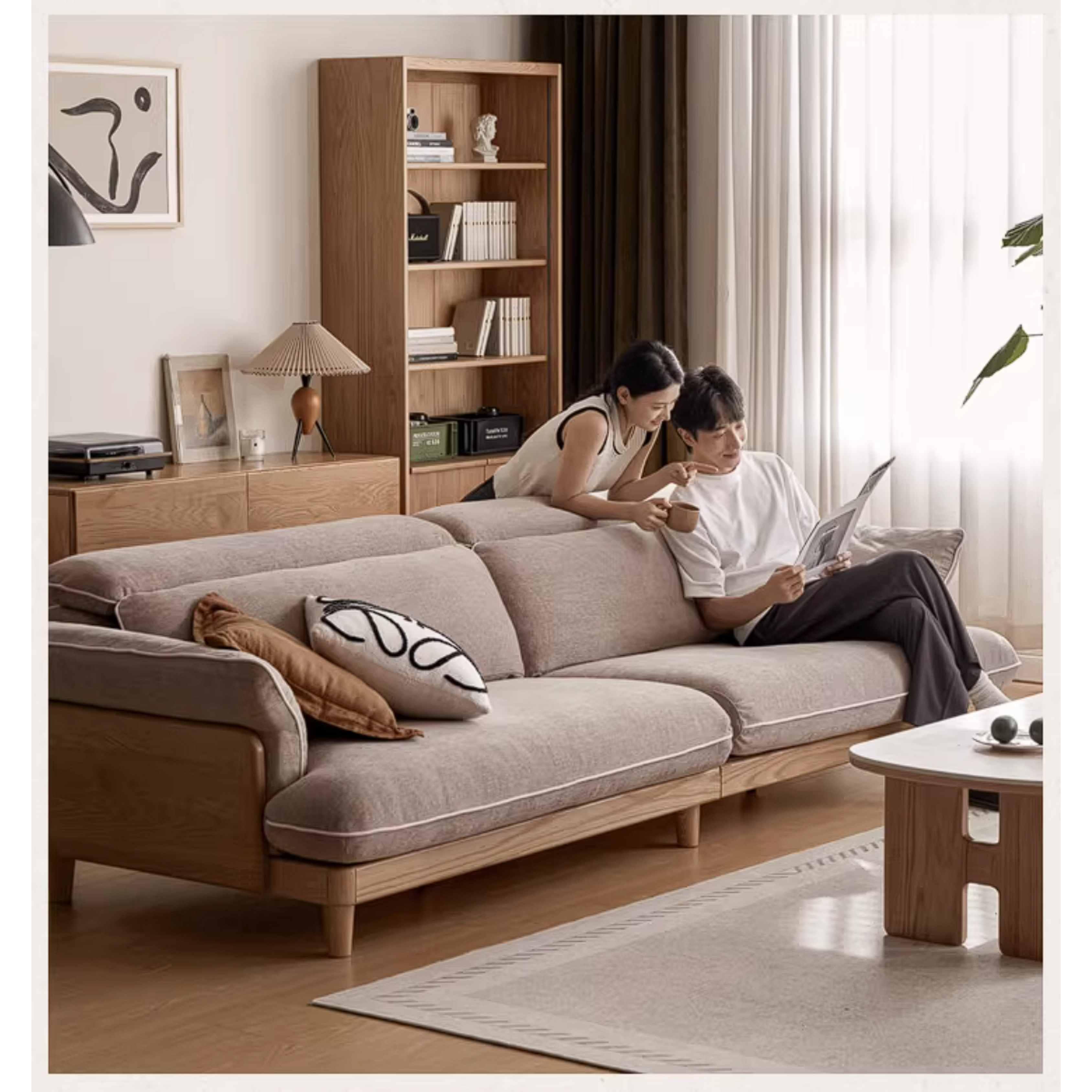 Oak Solid Wood High Back Chenille Sofa with Curved Arms