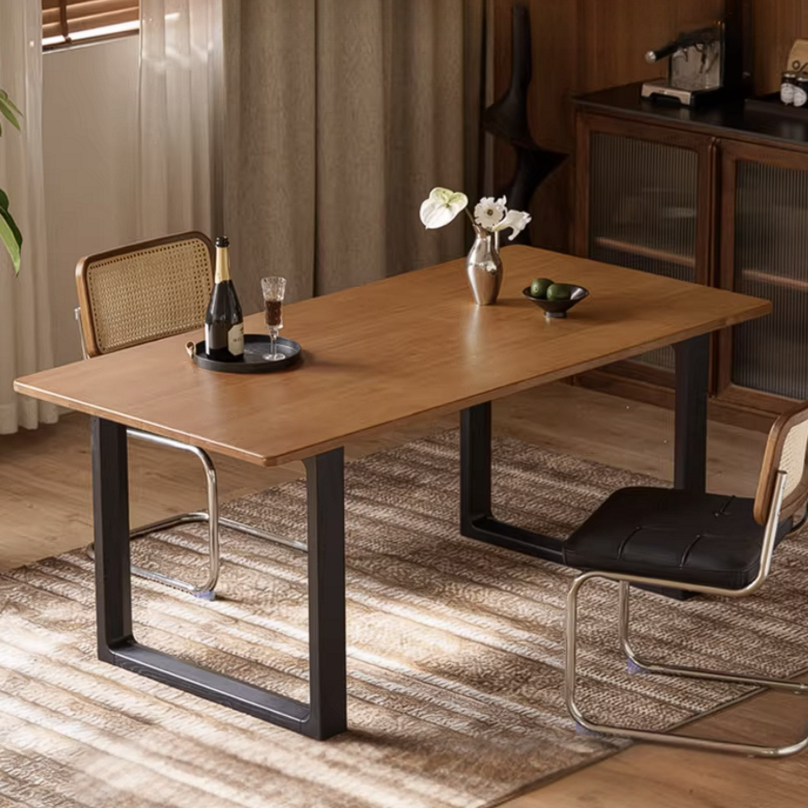 Ash Solid Wood Rectangular Dining Table, Mid Century light maroon color