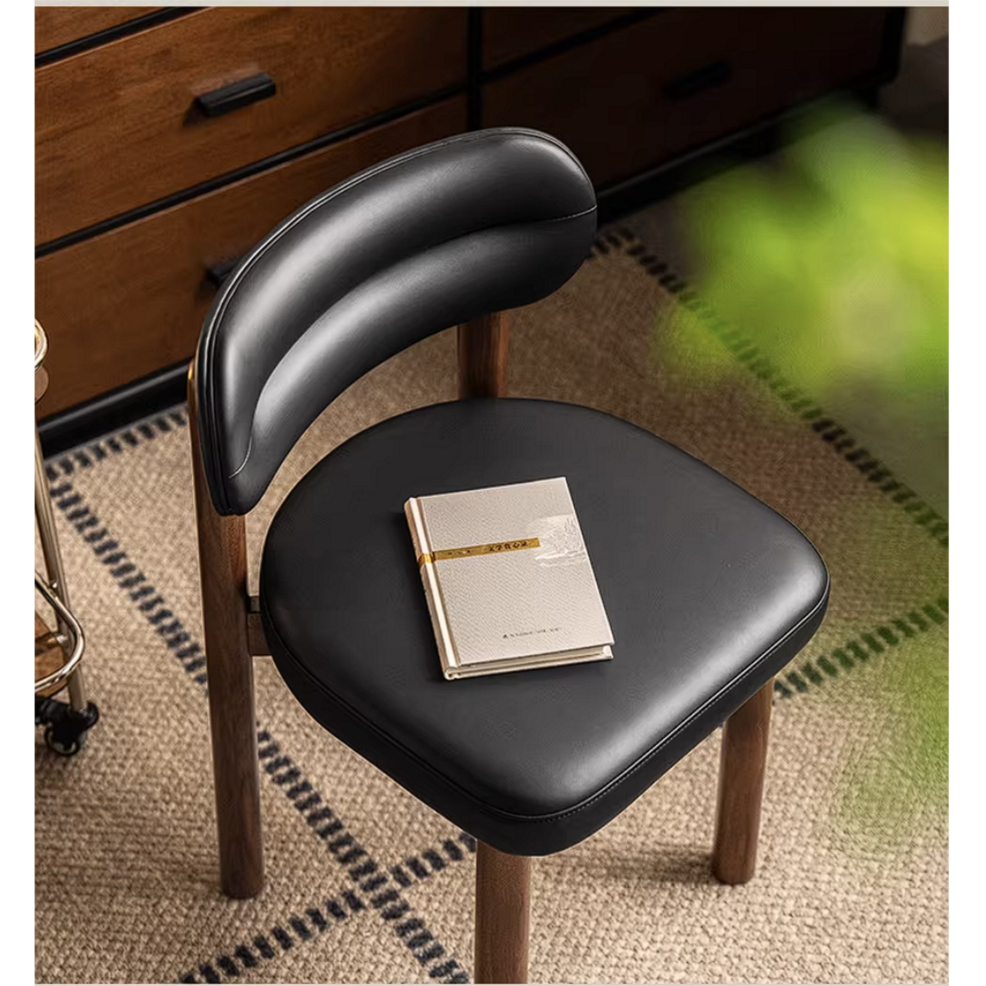 Black Walnut Solid Wood Vanity Stool with Curved Back