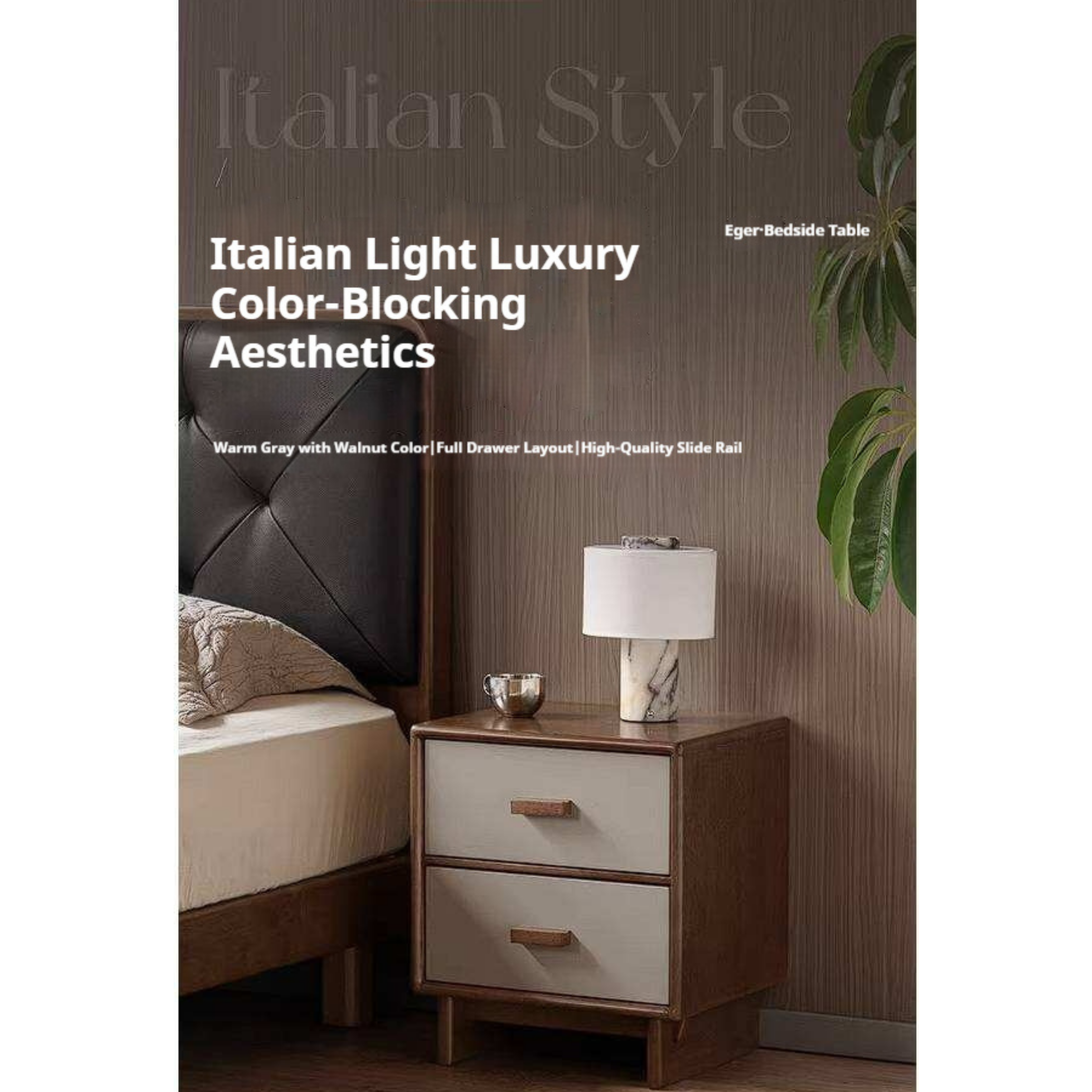 Rubberwood Solid Wood Two-Tone Nightstand with Cream Drawer Fronts and Tapered Legs