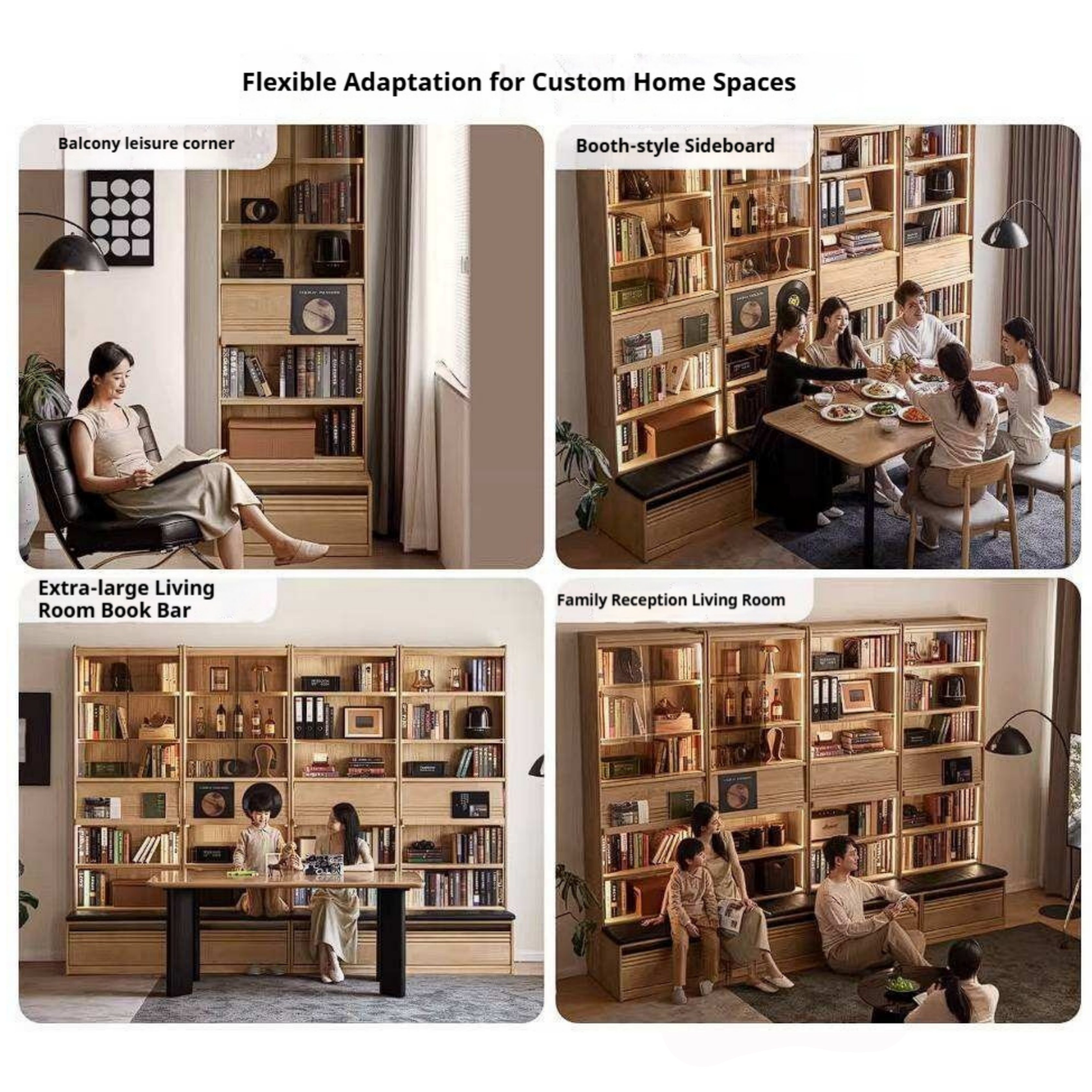 Ash Solid Wood Bookshelf with Wall Mounted Display Cabinet Design