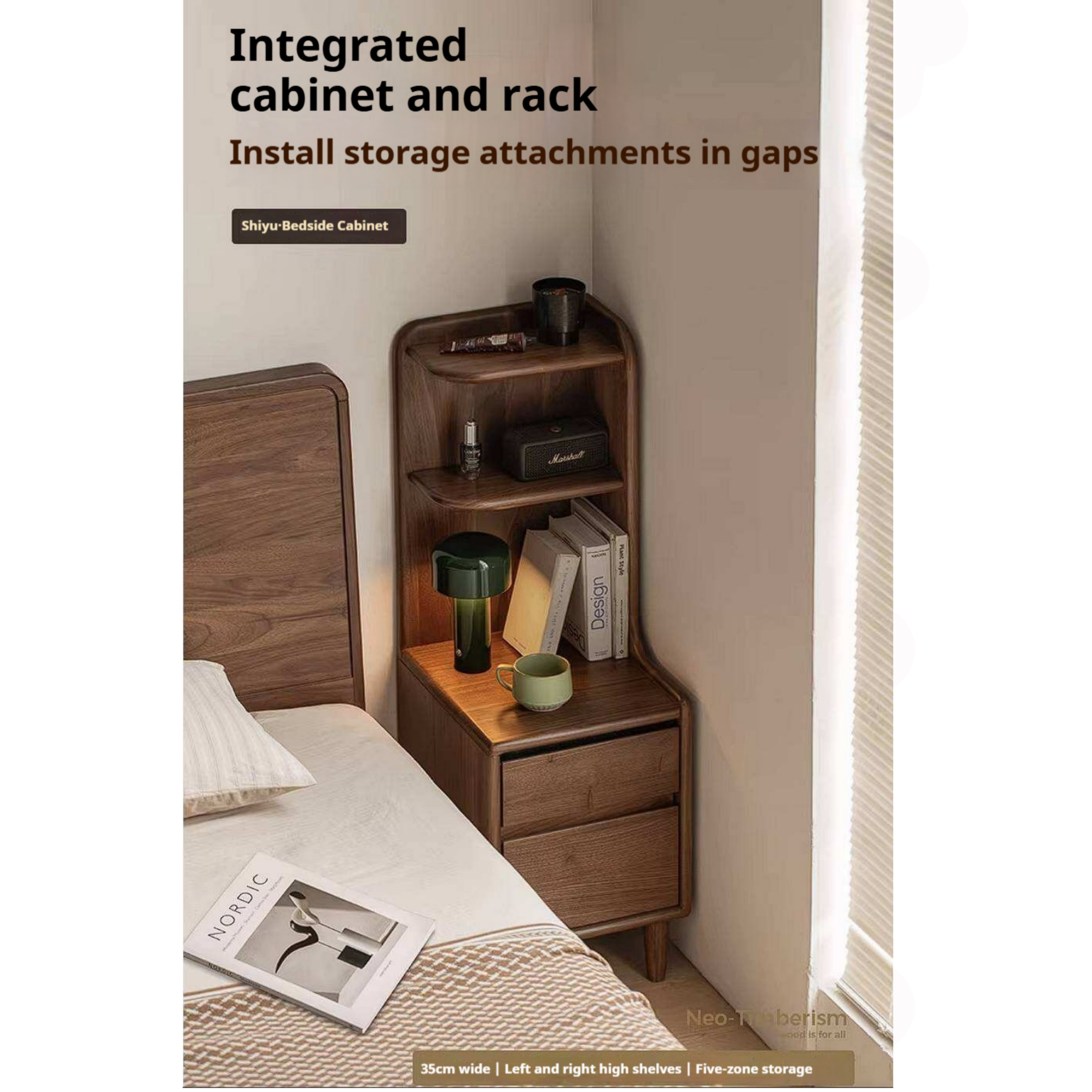 Black Walnut Solid Wood Nightstand with Drawer and Open Shelf