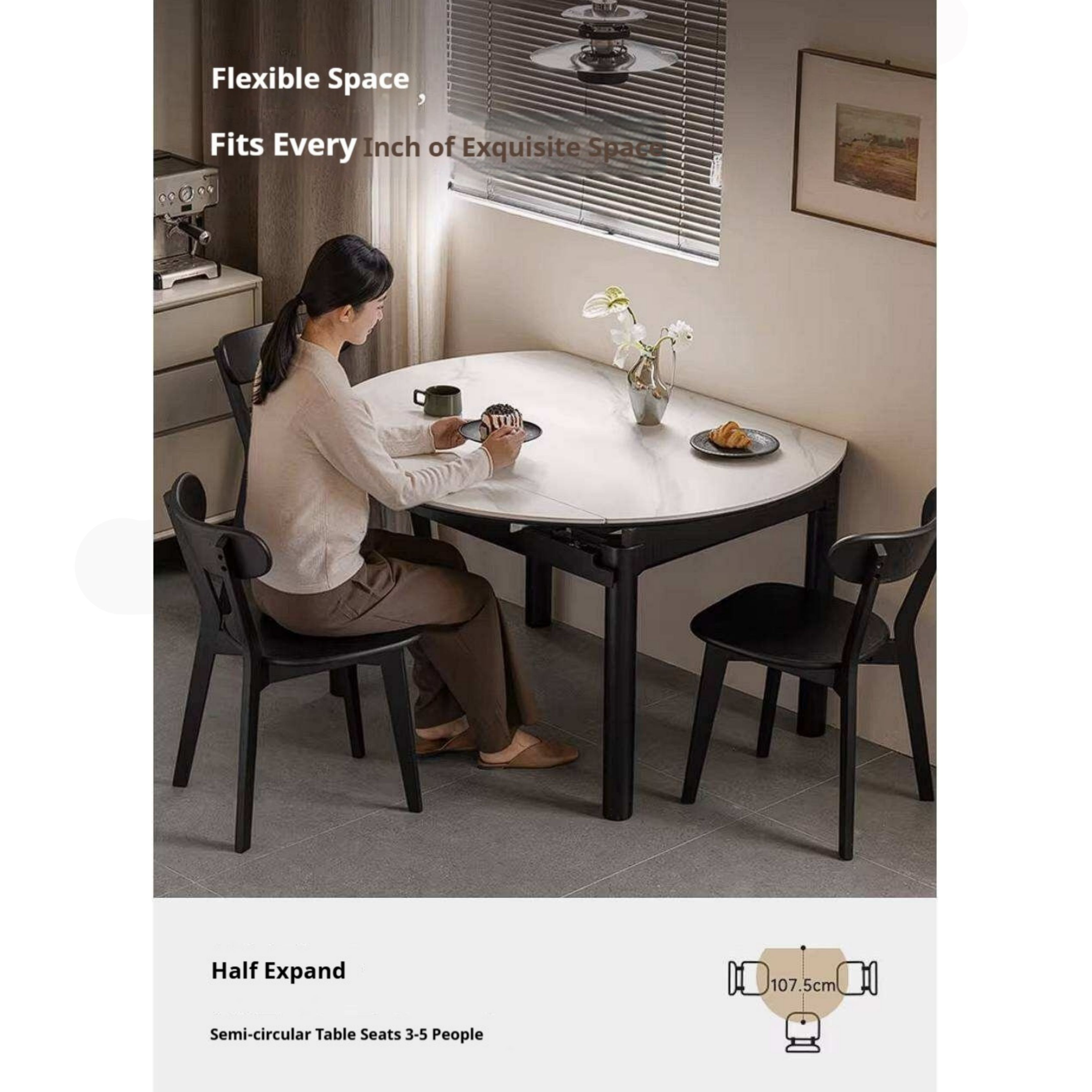 Rubberwood Solid Wood Extendable Round Dining Table with Stone Top
