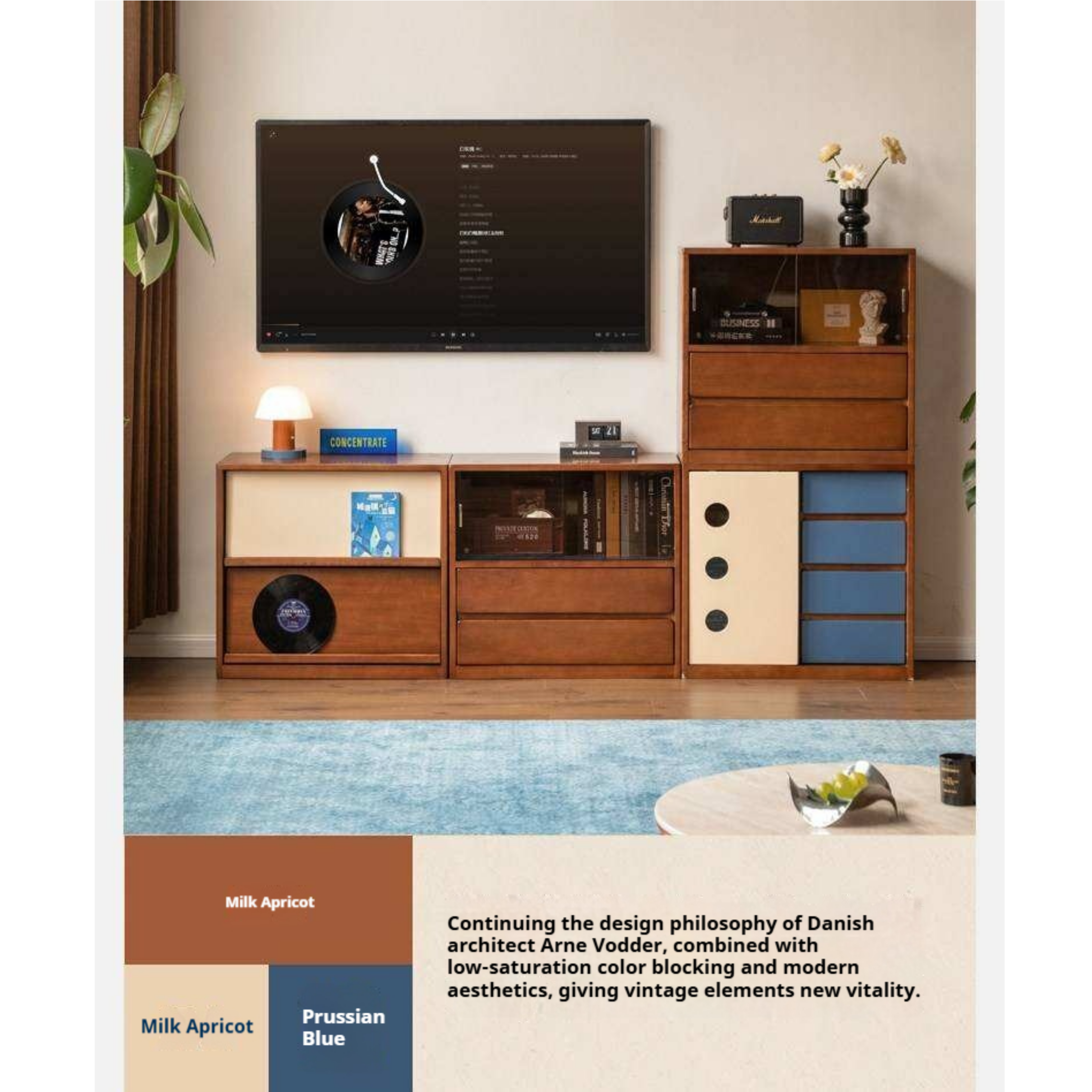 Poplar Solid Wood TV Cabinet with Vintage Style Modular Storage Design