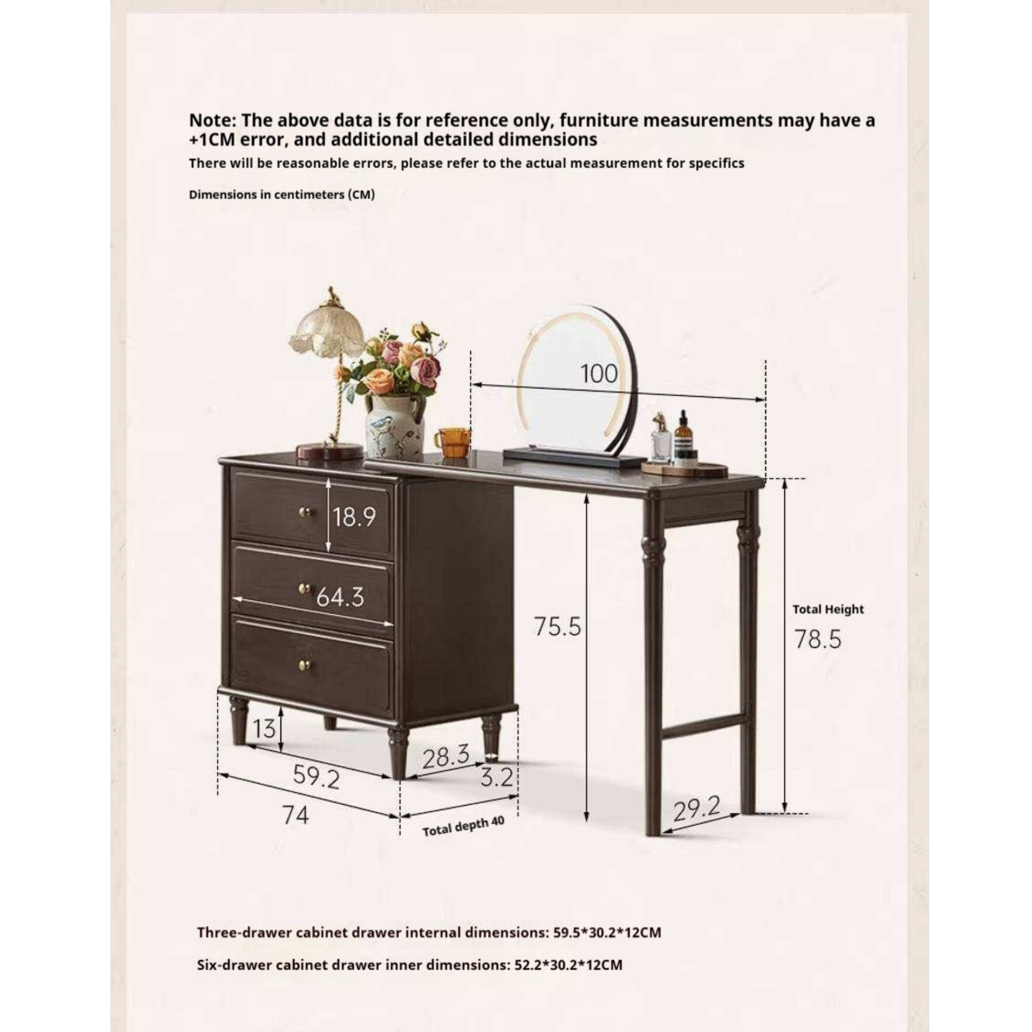 Poplar Solid Wood Vintage Extendable Vanity Desk with Round Mirror and Turned Legs