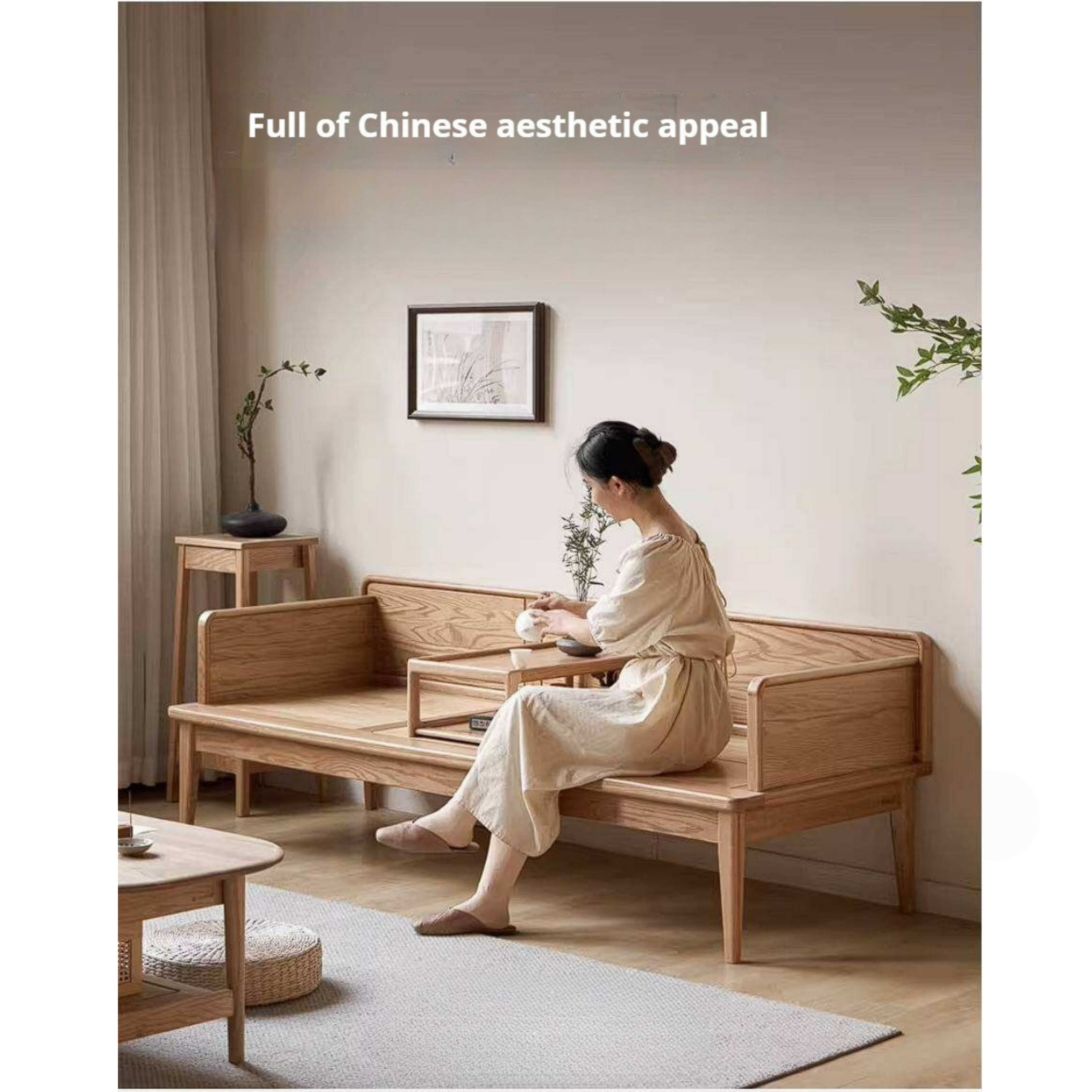 Oak Solid Wood Convertible Sofa Bed with Clean Frame Design