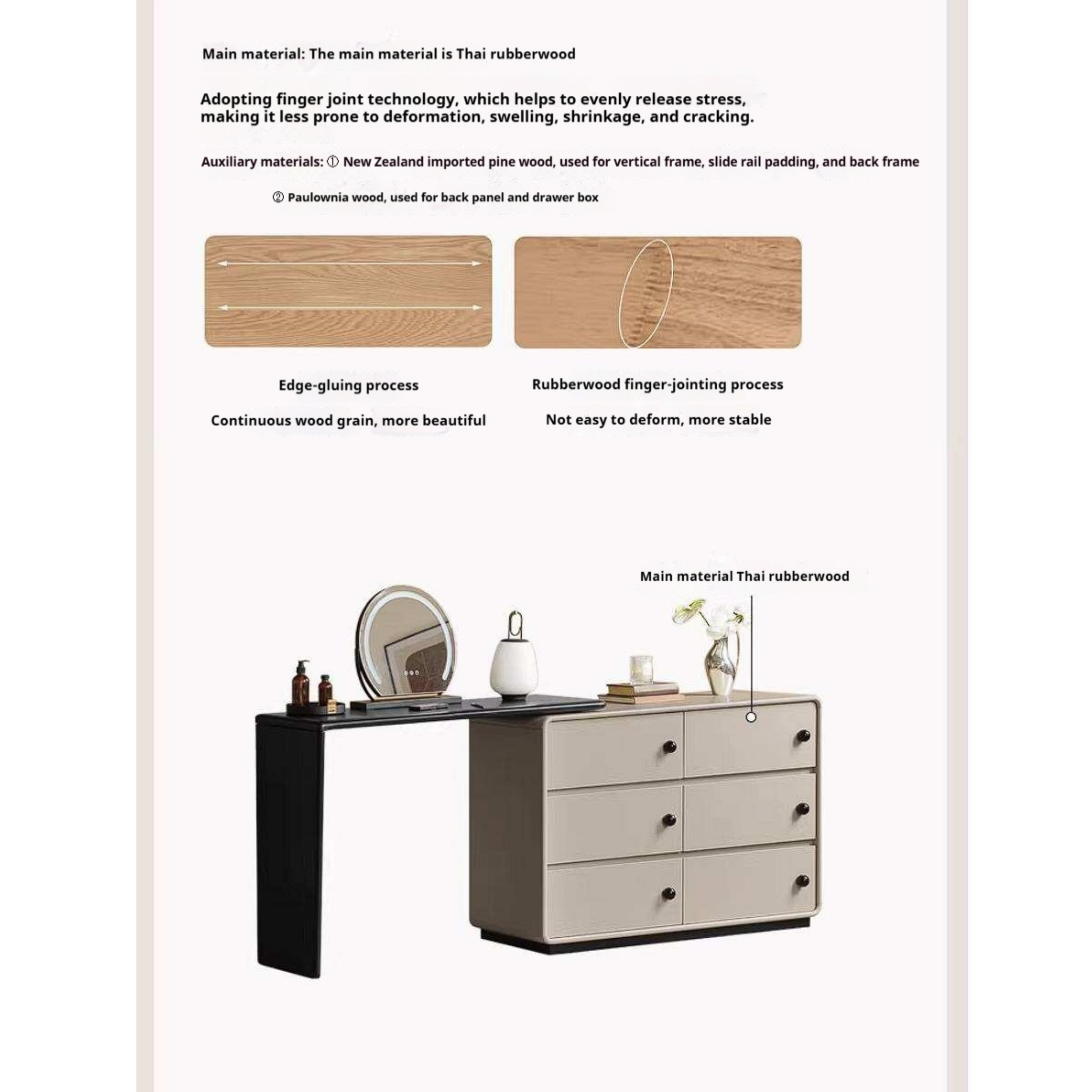 Rubberwood Solid Wood Rotating Extendable Vanity Table with