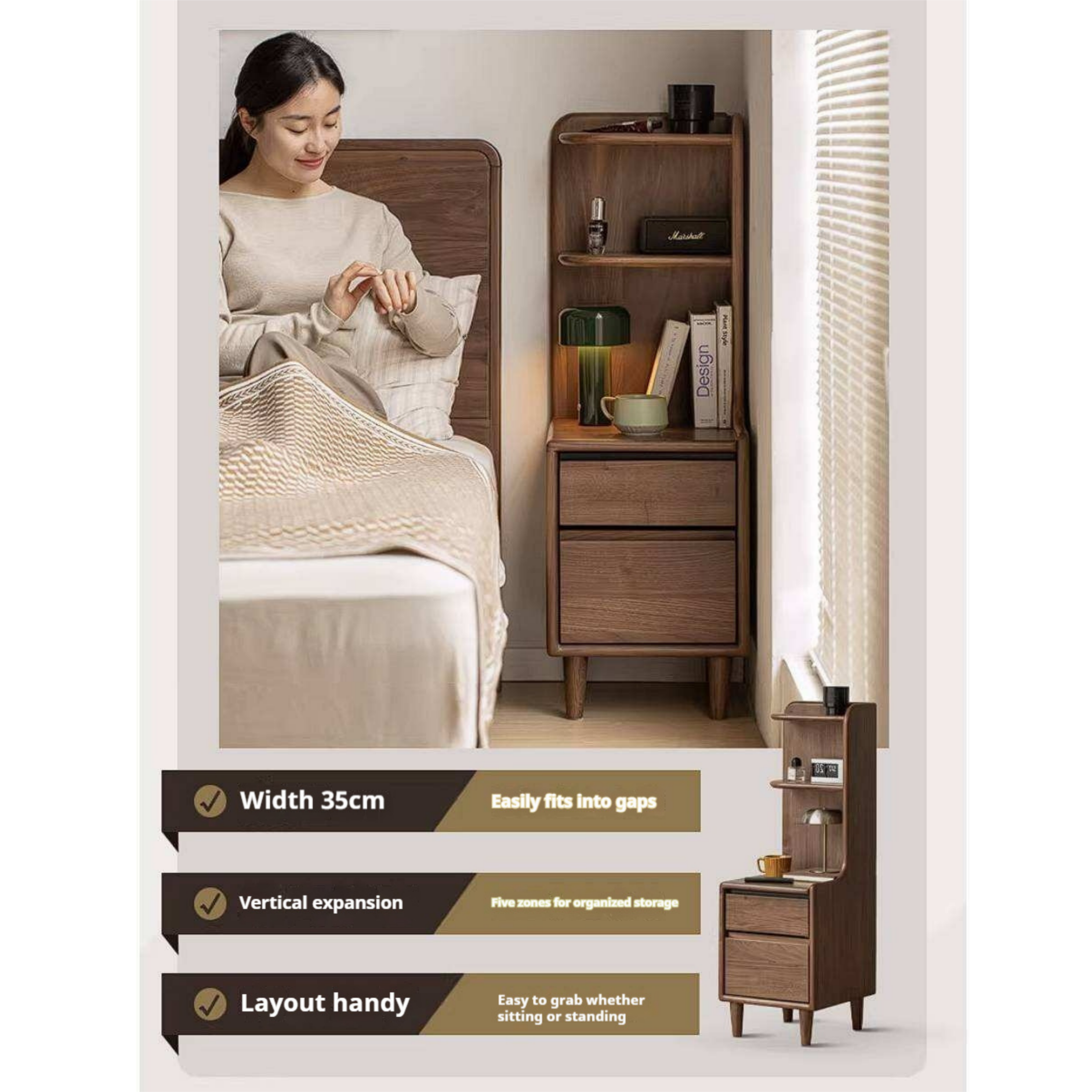 Black Walnut Solid Wood Nightstand with Drawer and Open Shelf