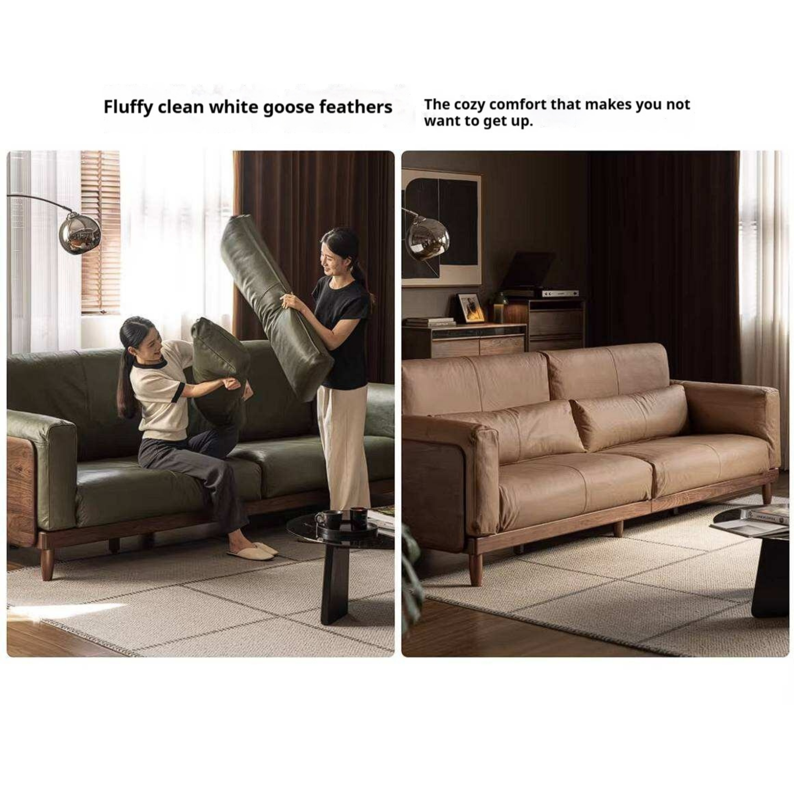 Black Walnut, Golden Sandalwood Solid Wood Sofa Genuine leather, fabric