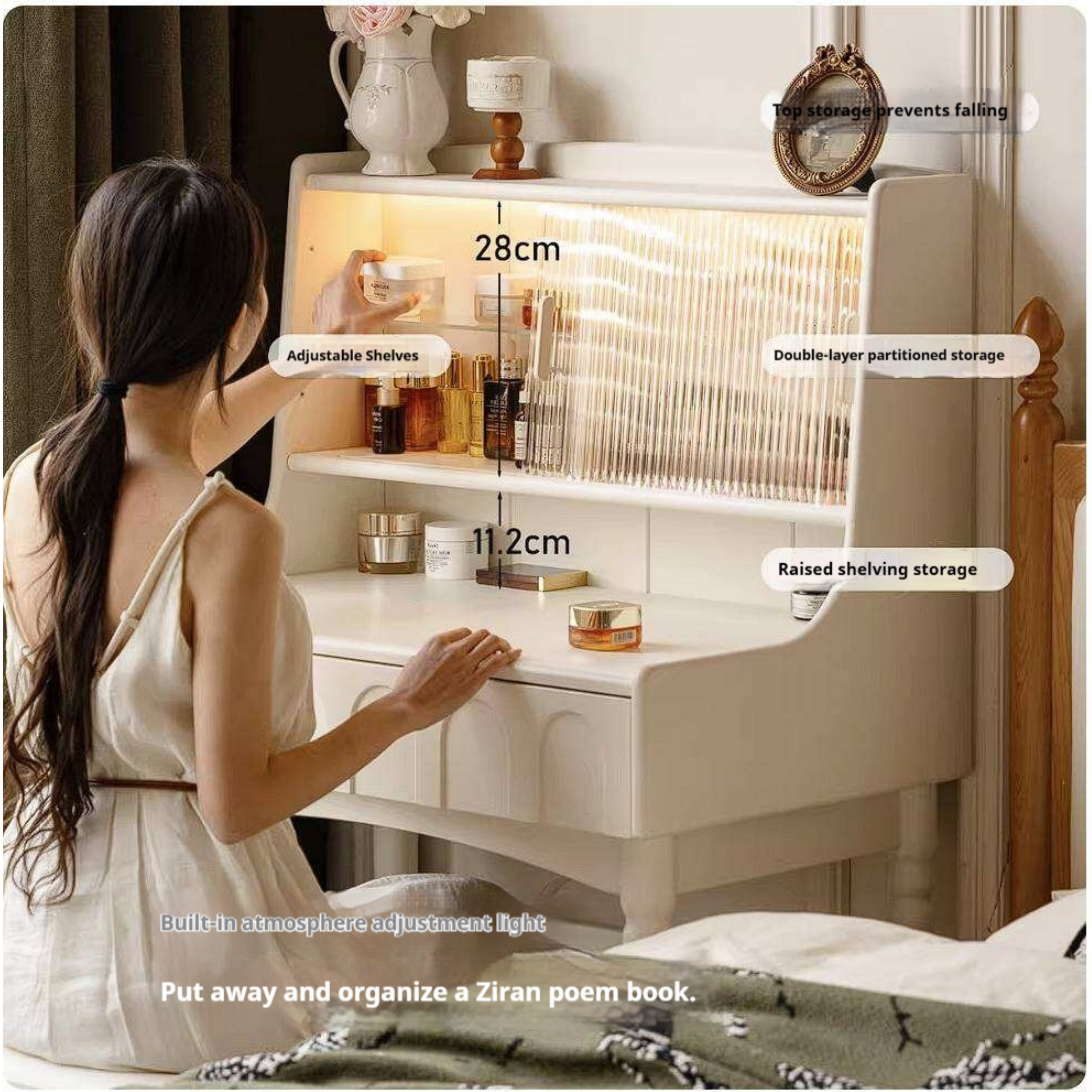 Rubberwood Solid Wood French Retro Vanity Desk with Lighted Storage Mirror and Drawers