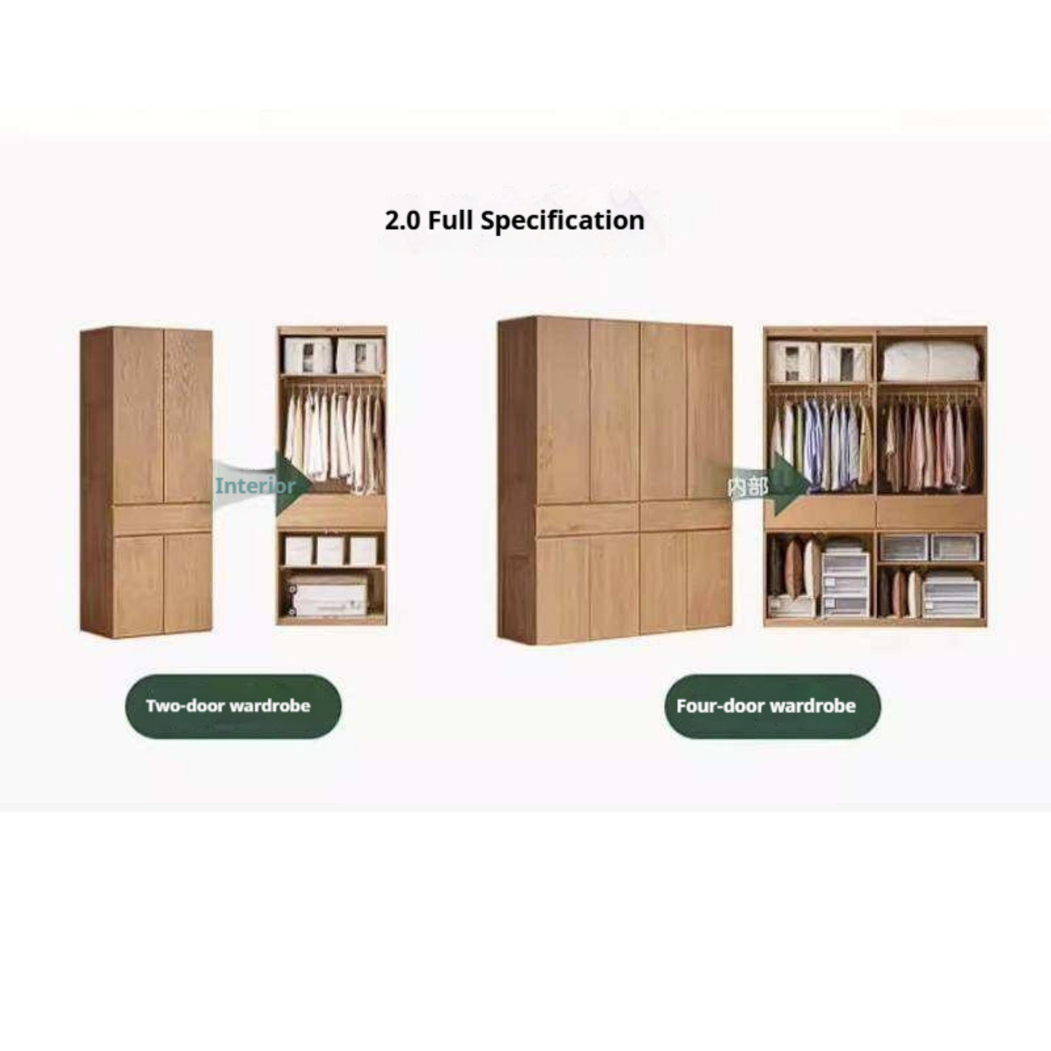 Oak Solid Wood Double Door Wardrobe with pull-out storage drawers Design