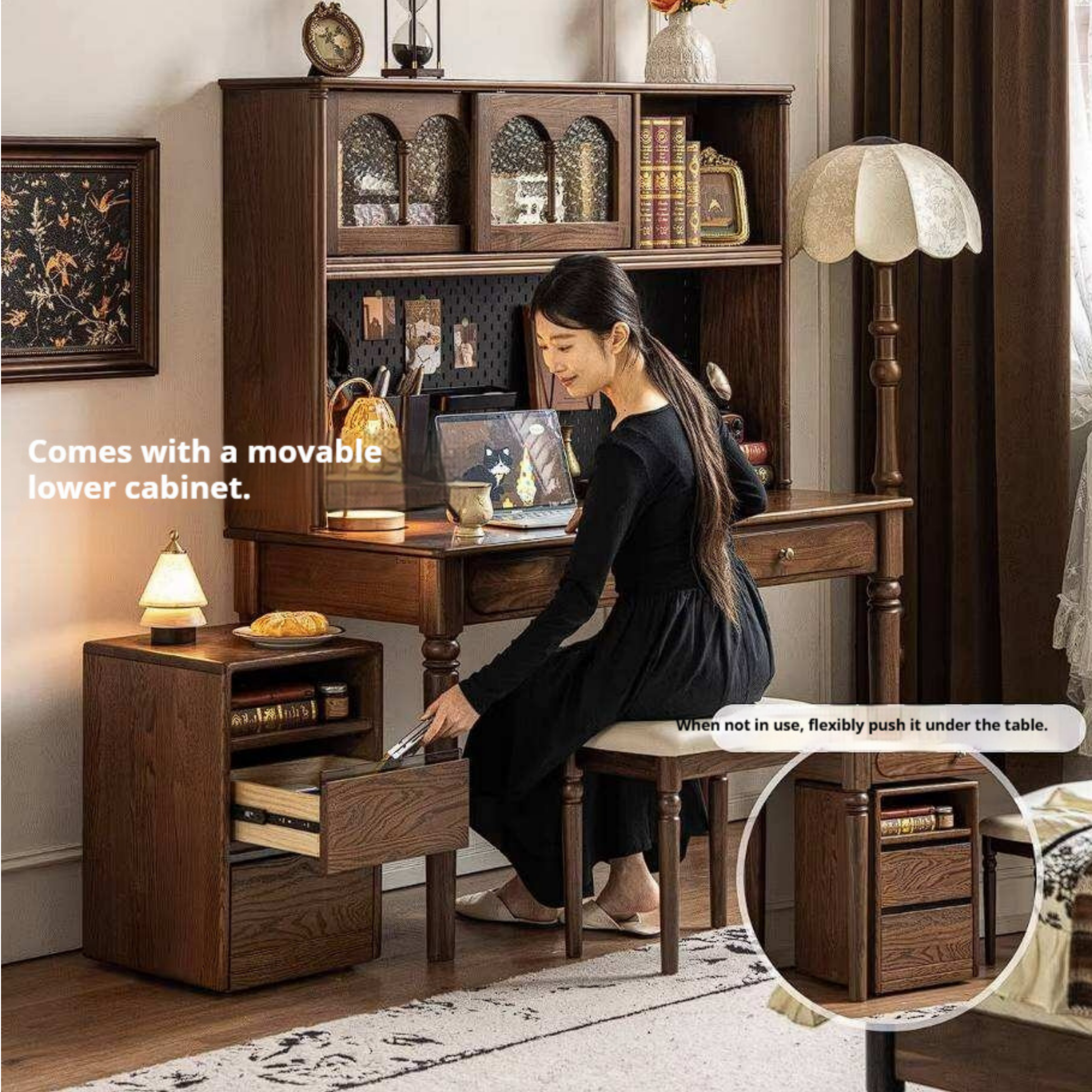 Black Walnut Solid Wood French Vintage Writing Desk with Arched Cane Door Hutch and Turned Spindle Legs