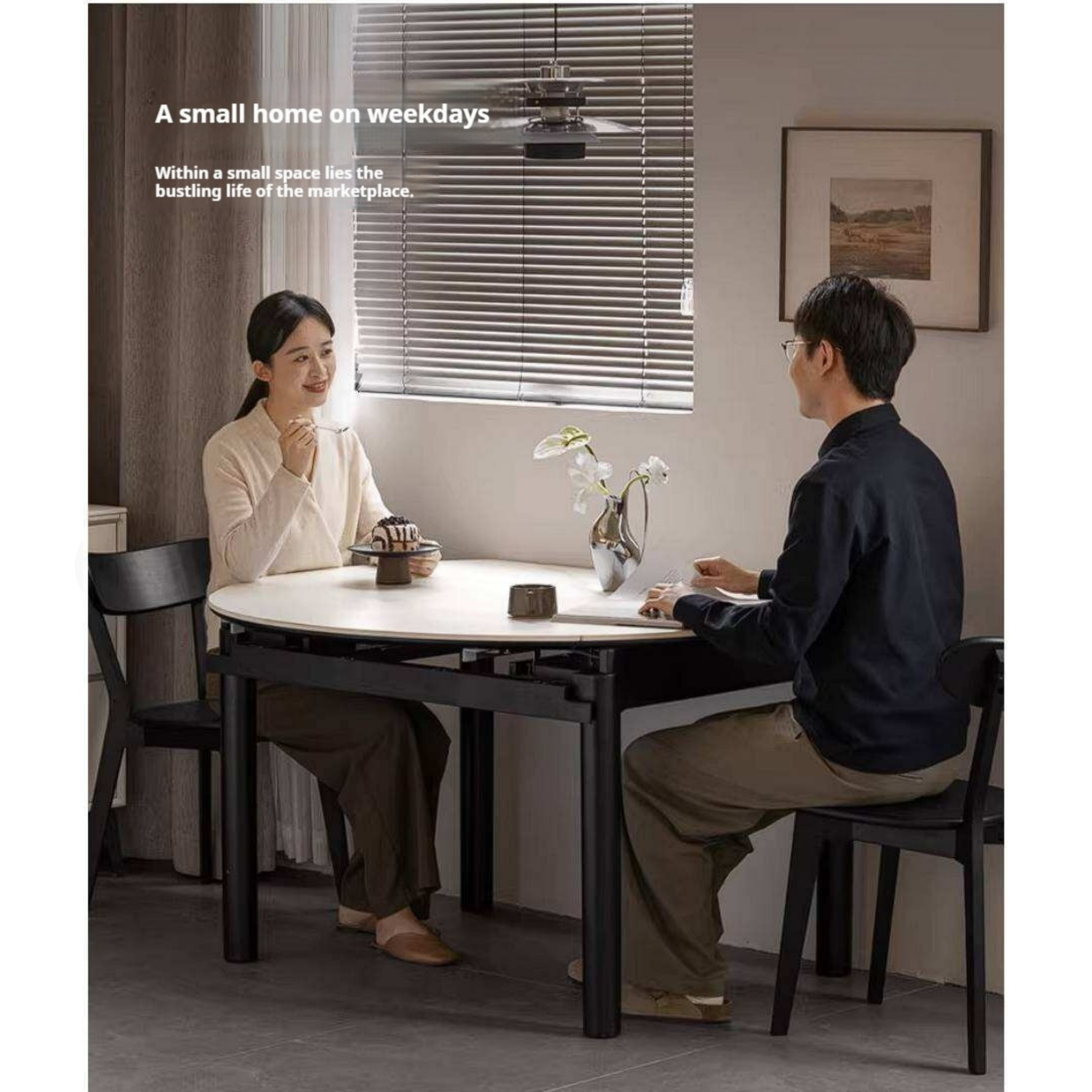 Rubberwood Solid Wood Extendable Round Dining Table with Stone Top