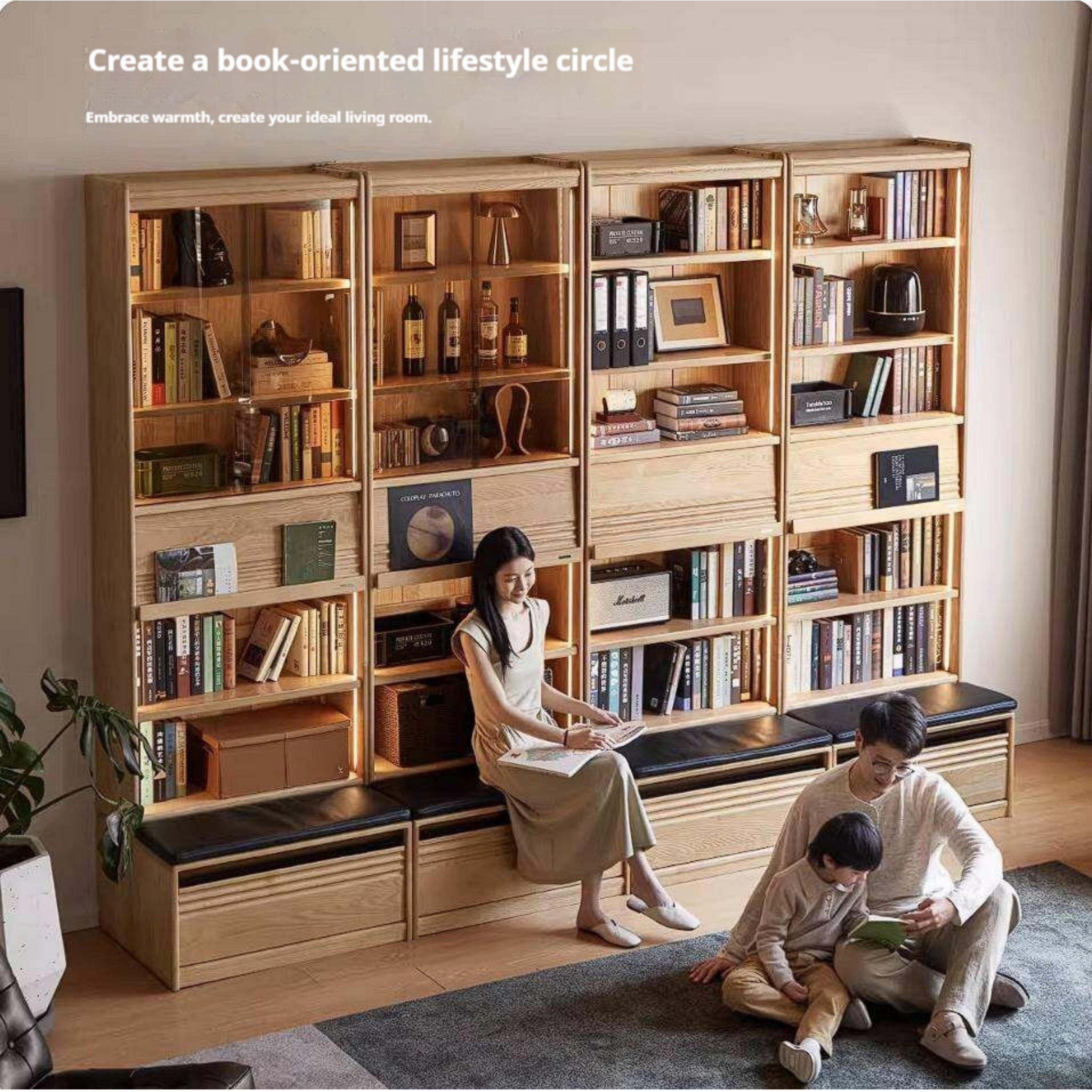 Ash Solid Wood Bookshelf with Wall Mounted Display Cabinet Design