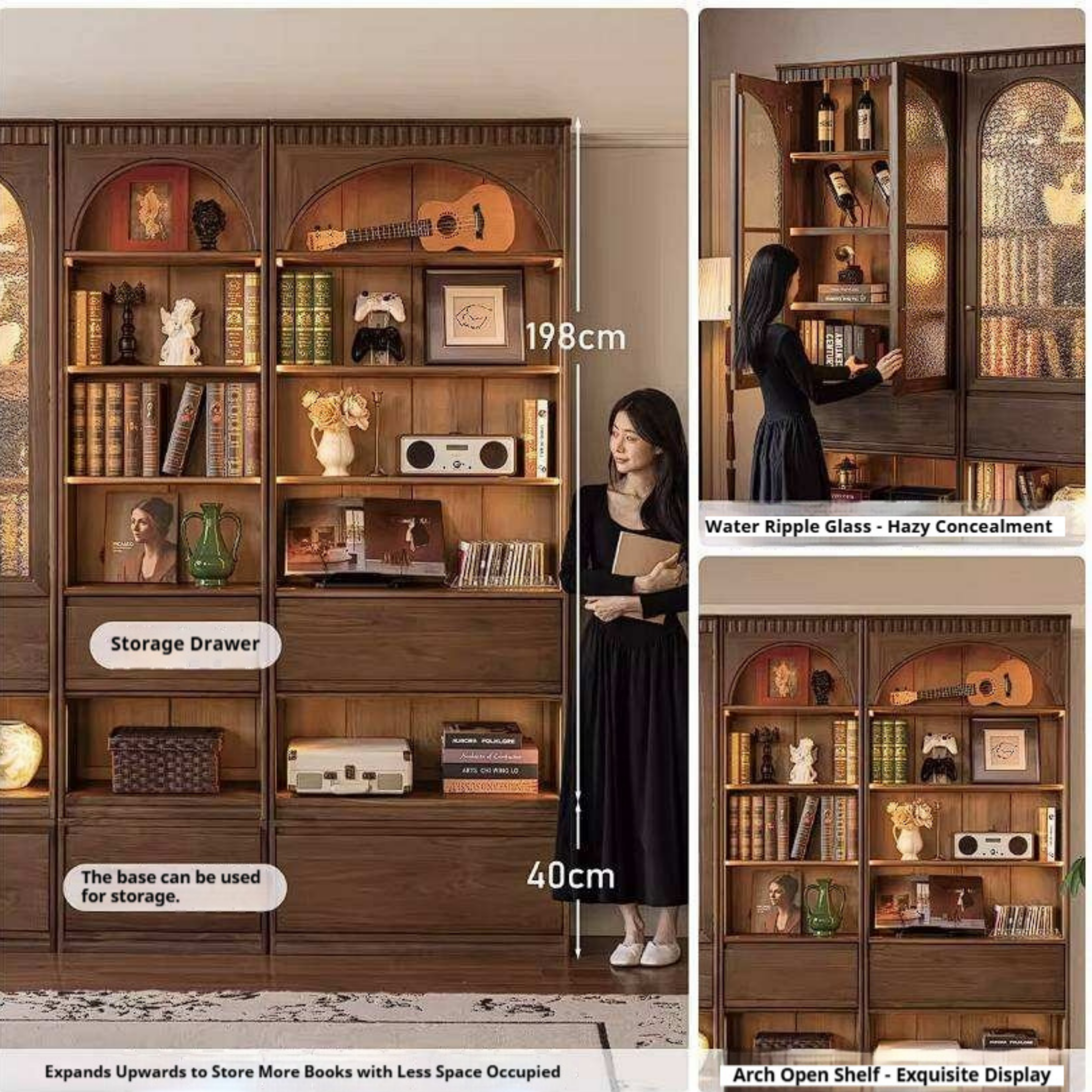 Black Walnut Solid Wood Arched Vintage Bookcase with Glass Door and Storage Drawer
