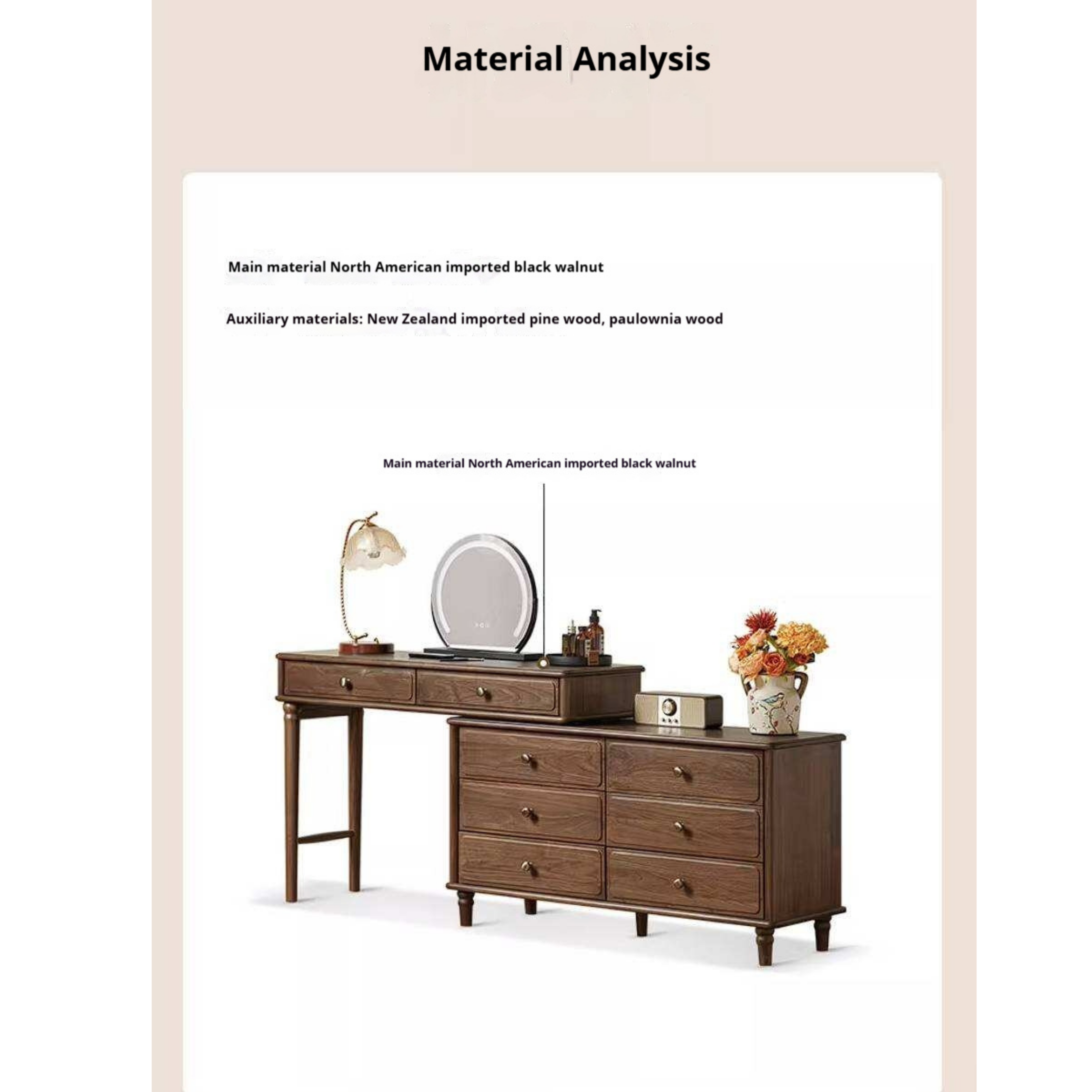 Black Walnut, Oak Solid Wood Extendable Vanity Desk and 6-Drawer Dresser Combo