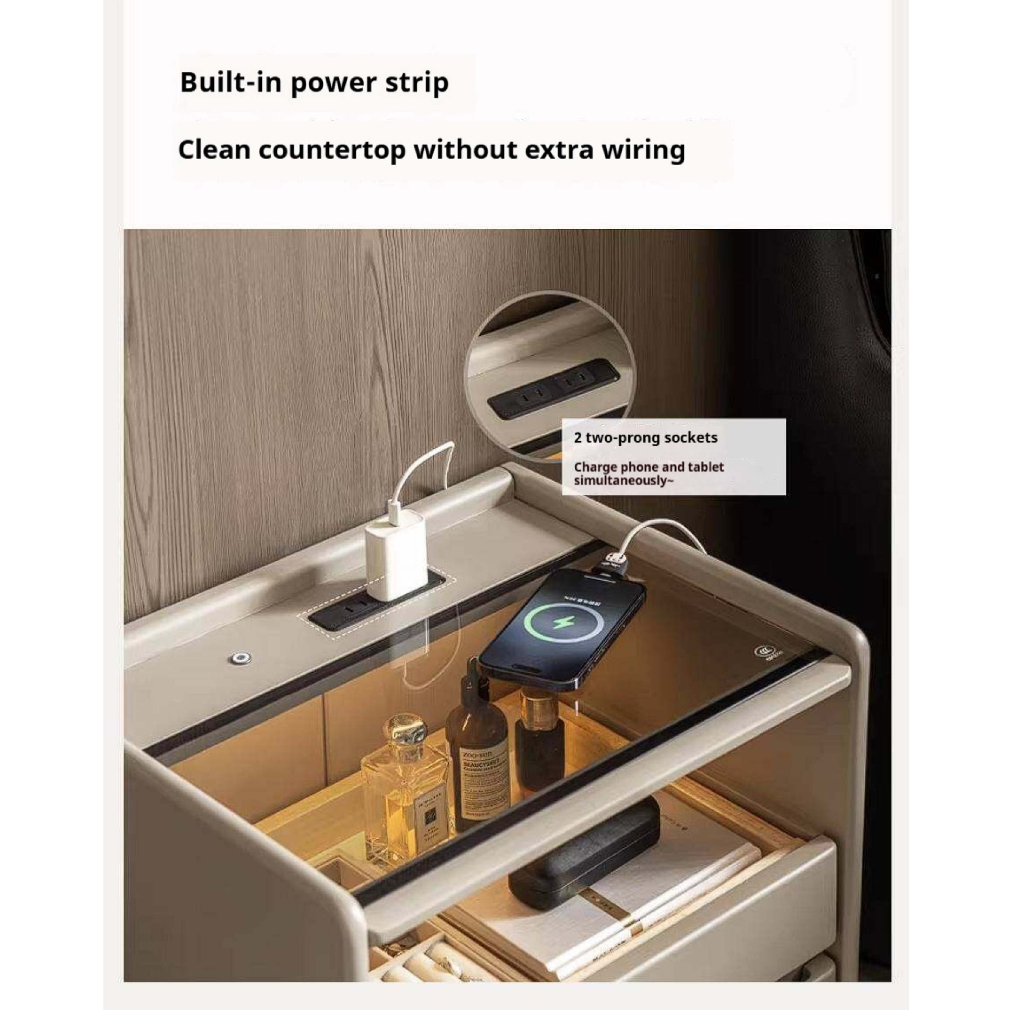 Rubberwood Solid Wood Taupe Nightstand with Tempered Glass Top, Built-In Outlet, and LED-Lit Organizer Drawer