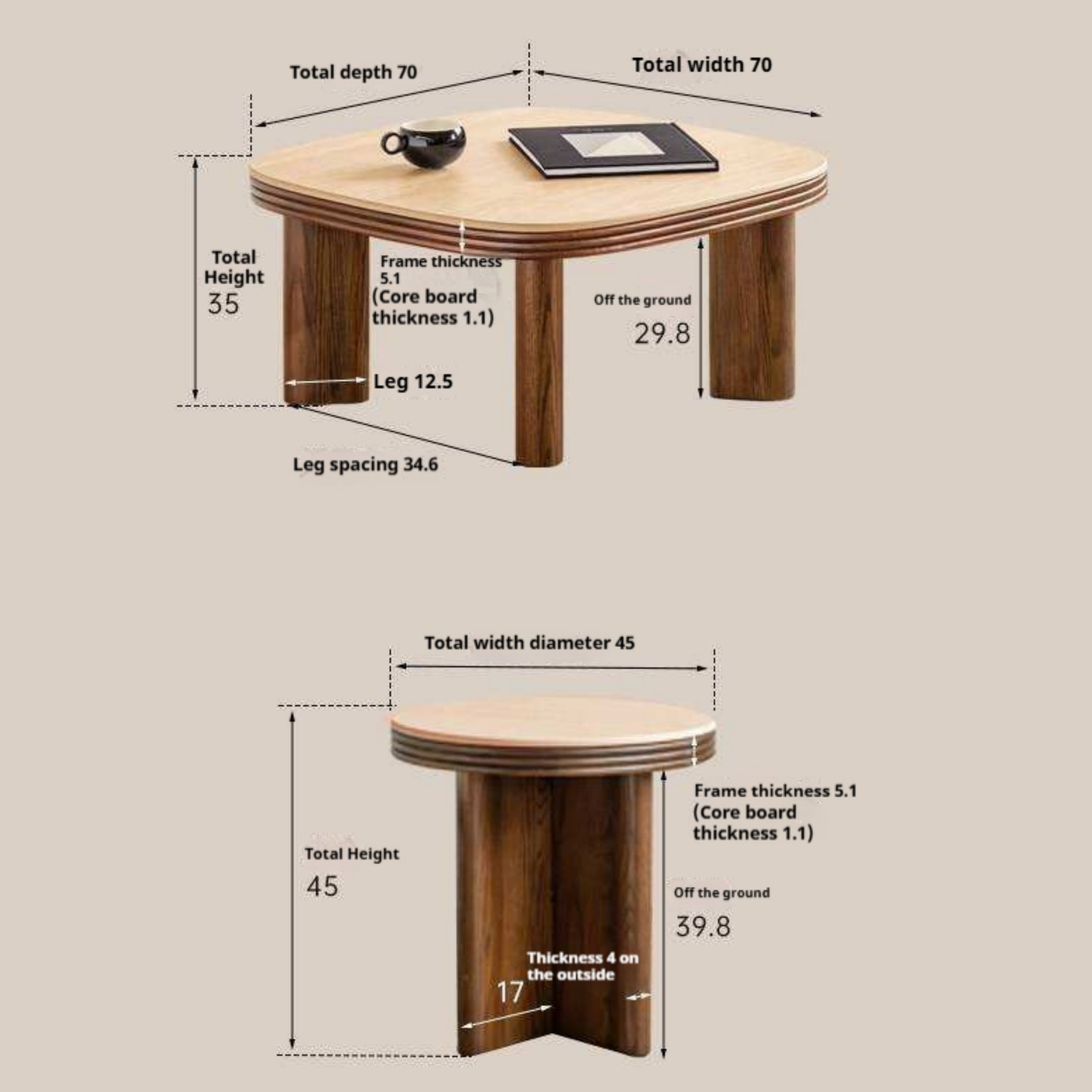 Oak Solid Wood Round Nesting Coffee Table with Stone Surface