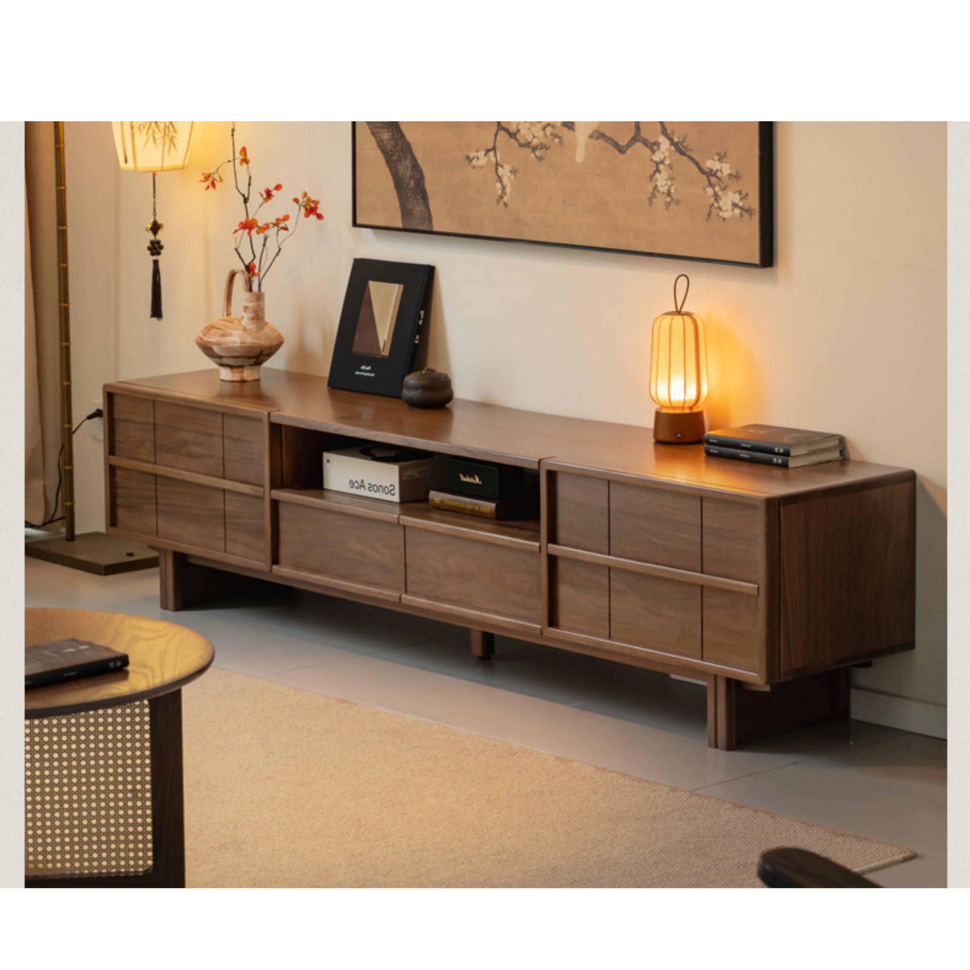 Black Walnut Solid Wood TV Cabinet with Aesthetic Style and Storage Drawers