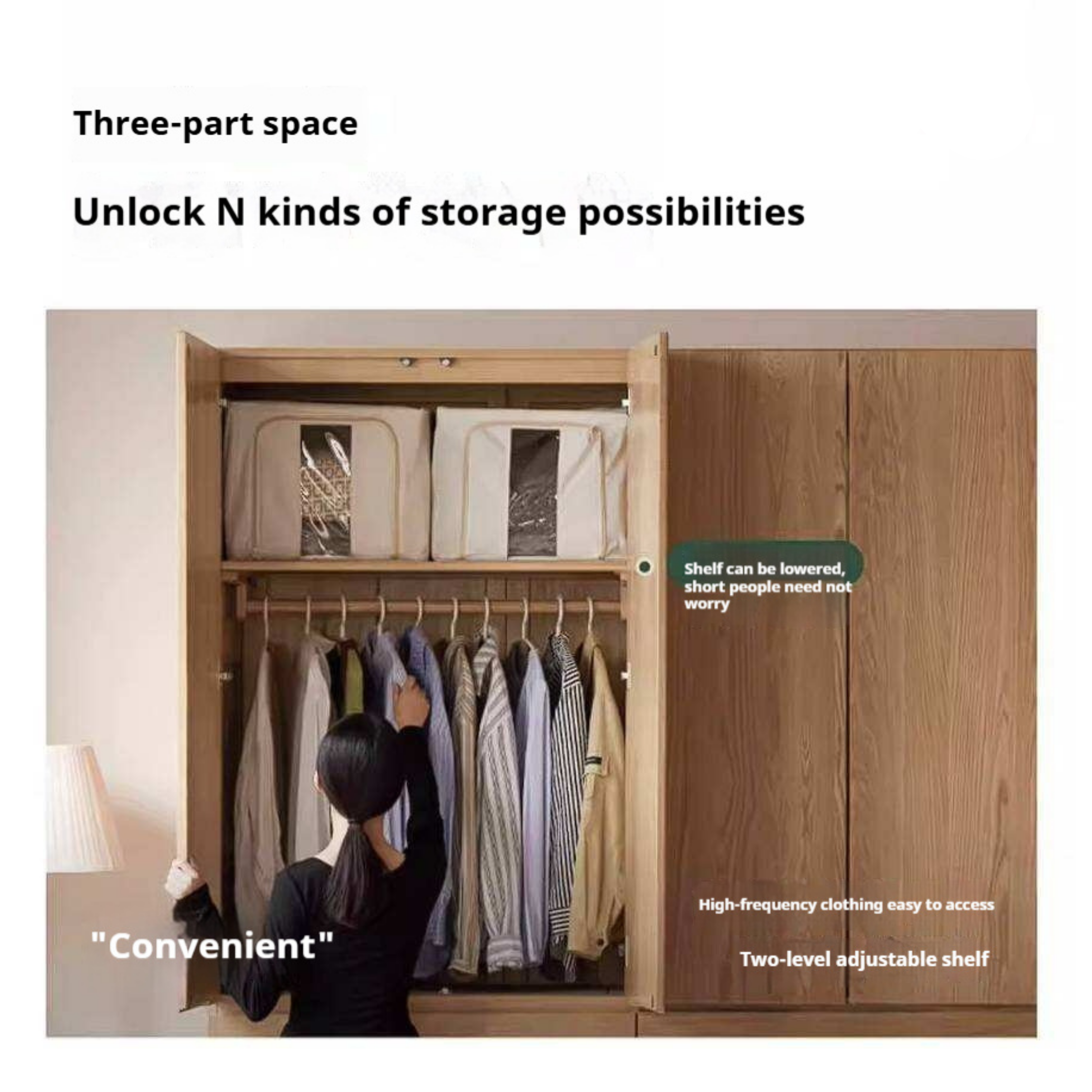 Oak Solid Wood Double Door Wardrobe with pull-out storage drawers Design