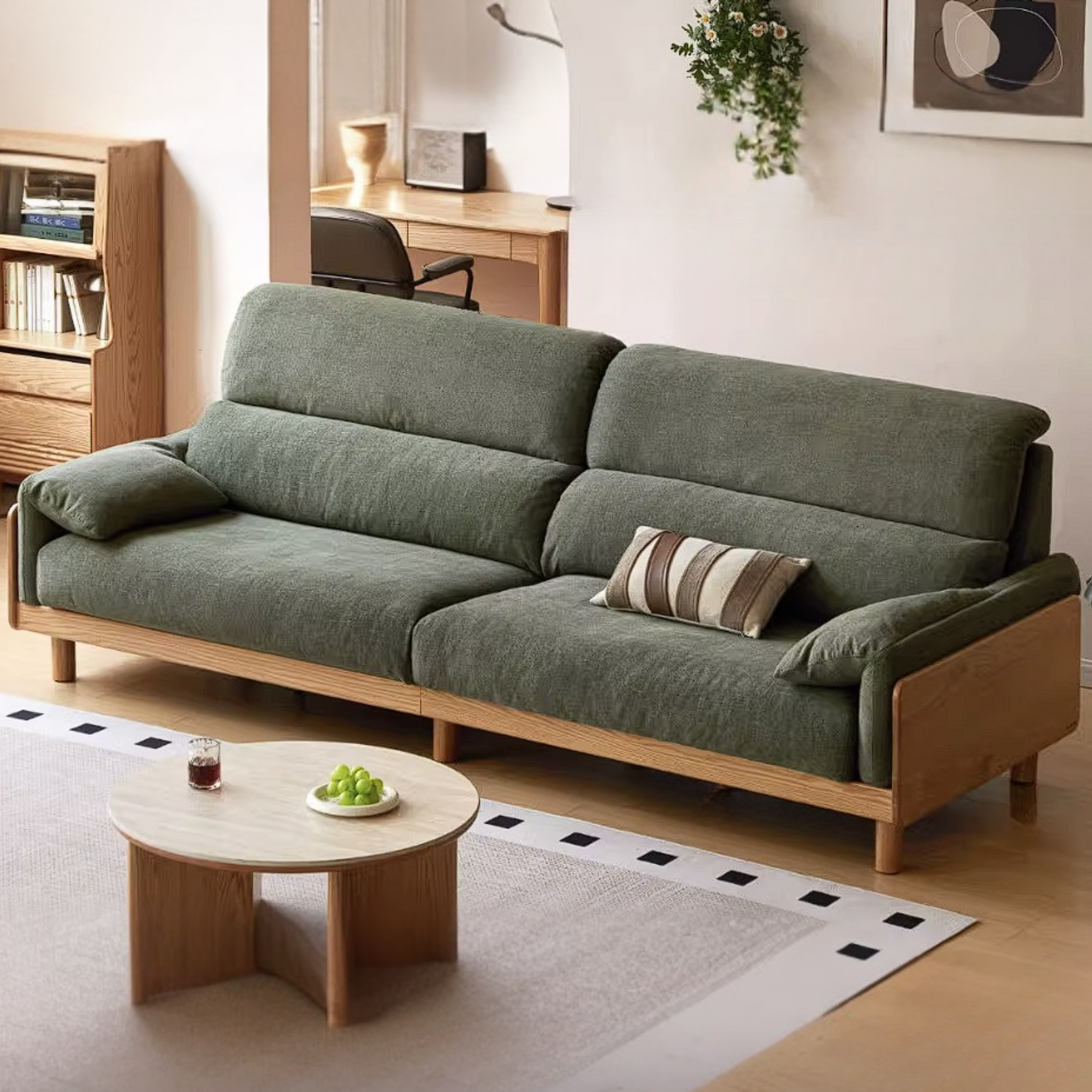 Oak, Ash Solid Wood Linen Sofa with Exposed Wood Base