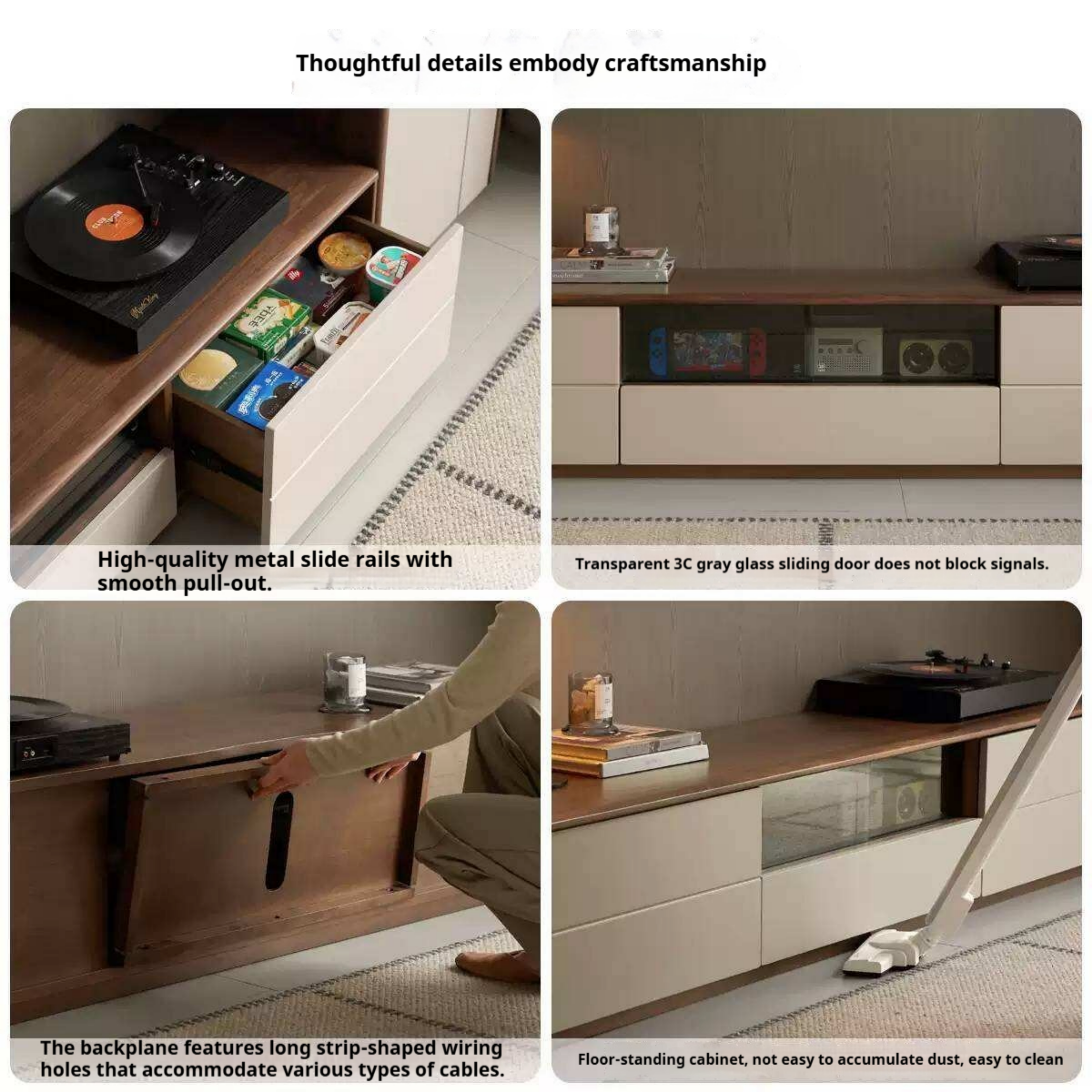 Black Walnut Solid Wood Low Profile TV Stand, Italian Modern Color Block Media Console with Storage
