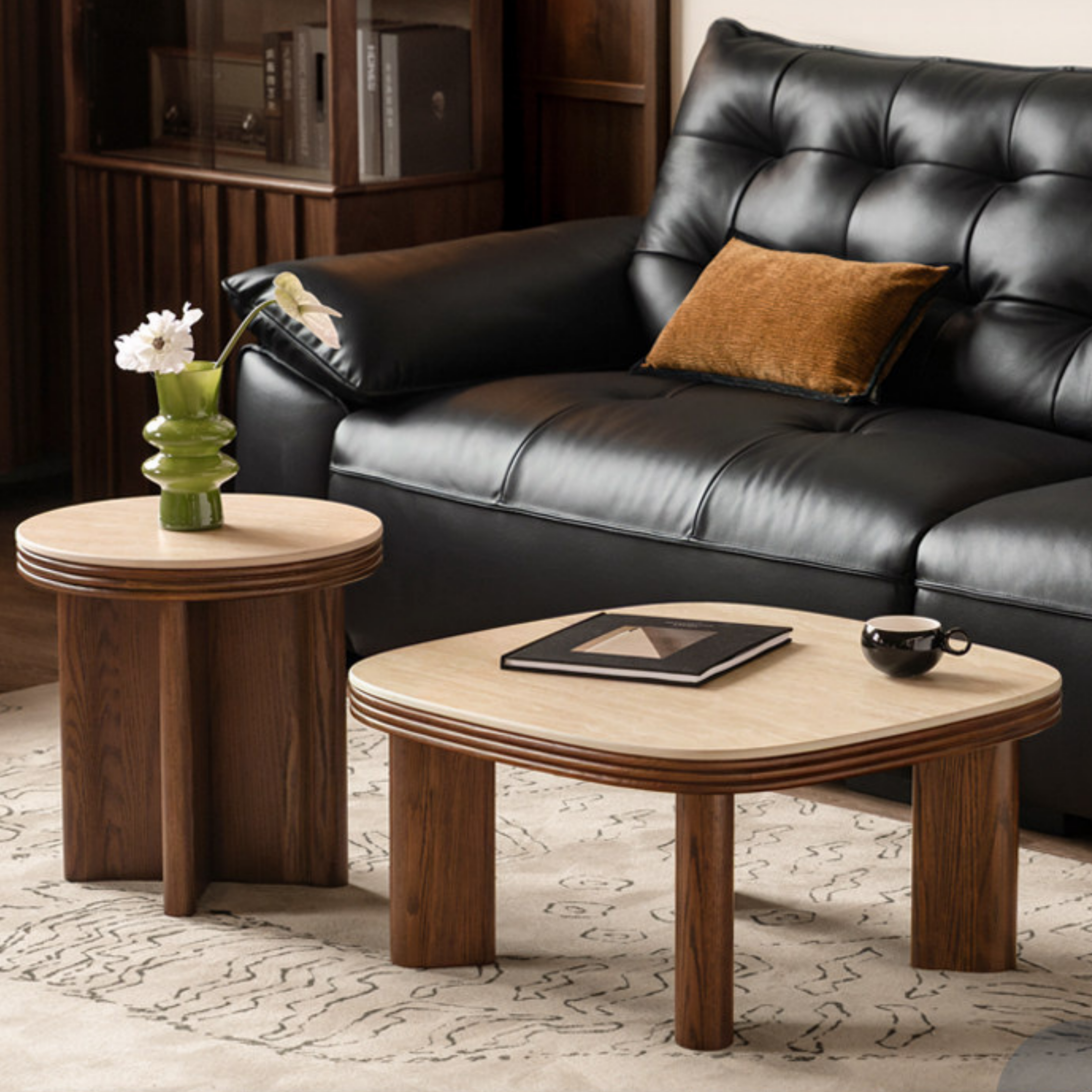 Oak Solid Wood Round Nesting Coffee Table with Stone Surface