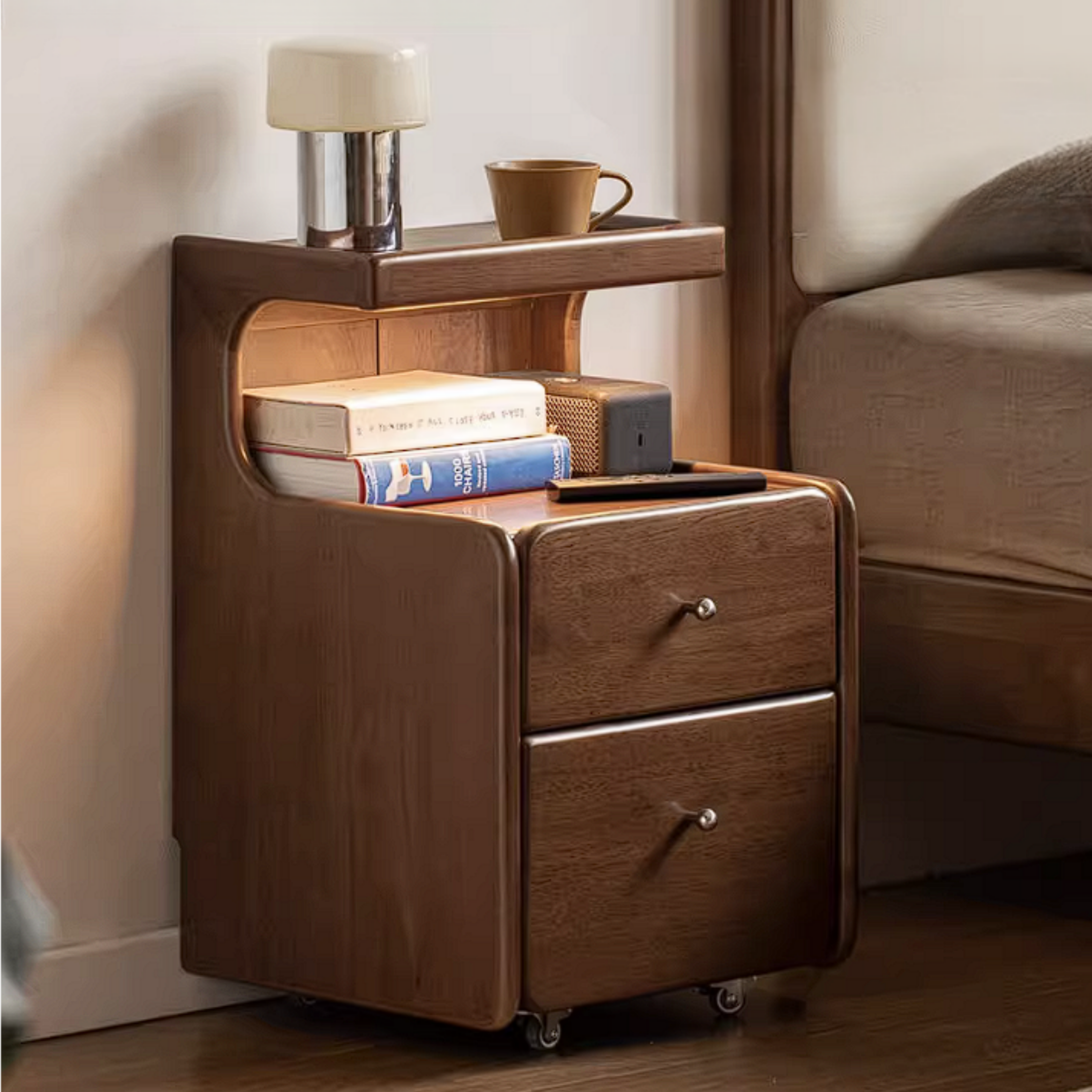 Rubberwood Solid Wood Curved Nightstand with Raised Shelf and Rolling Casters