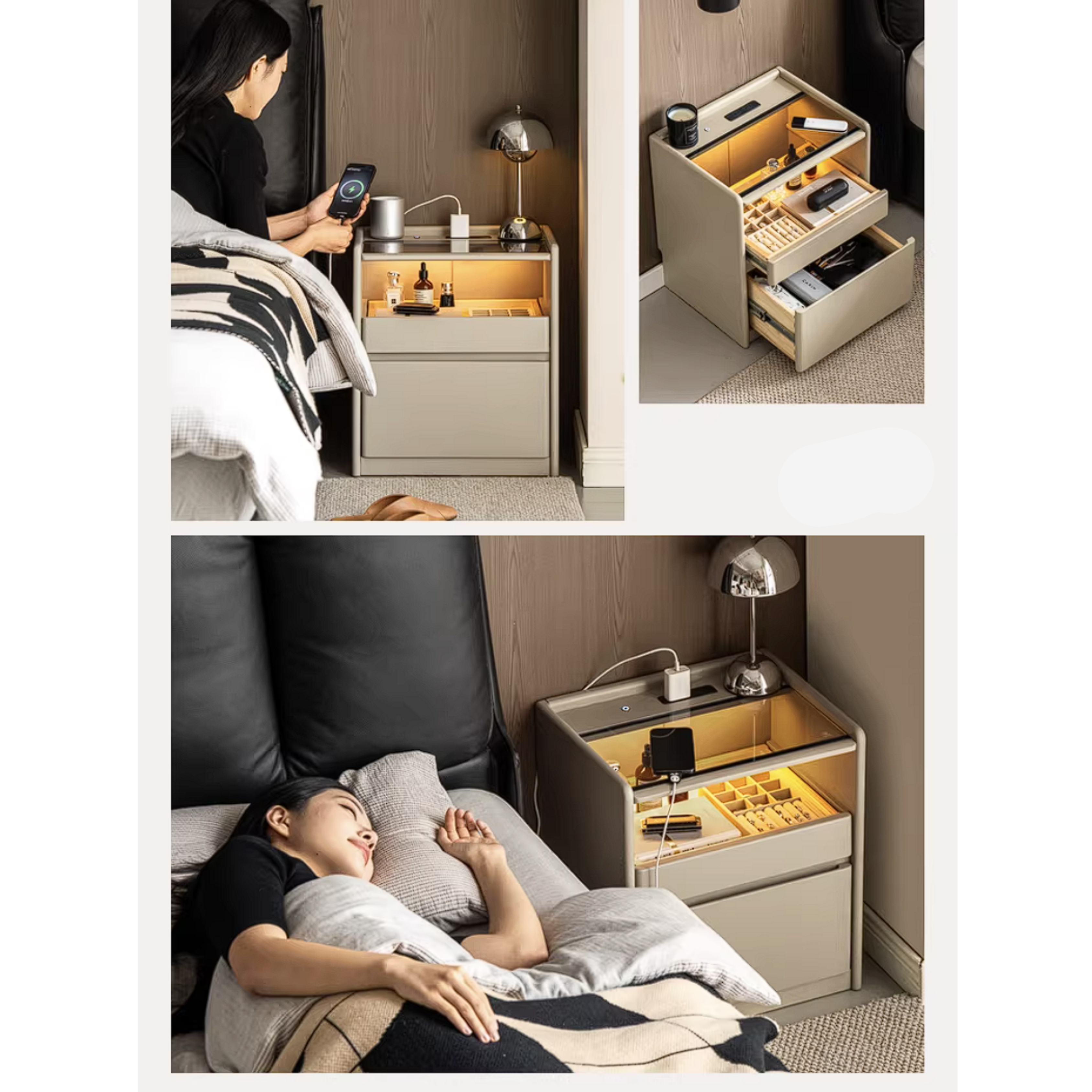 Rubberwood Solid Wood Taupe Nightstand with Tempered Glass Top, Built-In Outlet, and LED-Lit Organizer Drawer