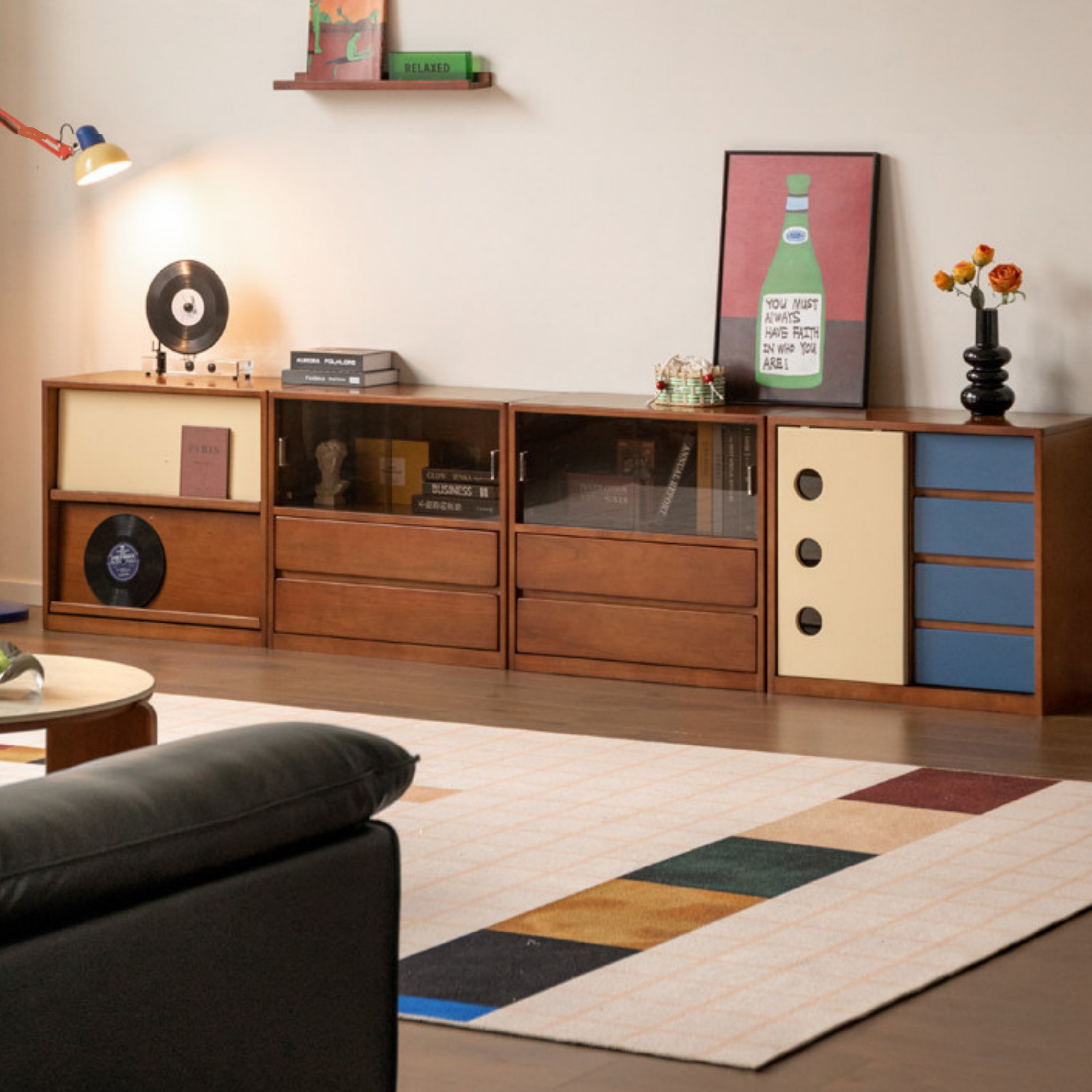 Poplar Solid Wood TV Cabinet with Vintage Style Modular Storage Design