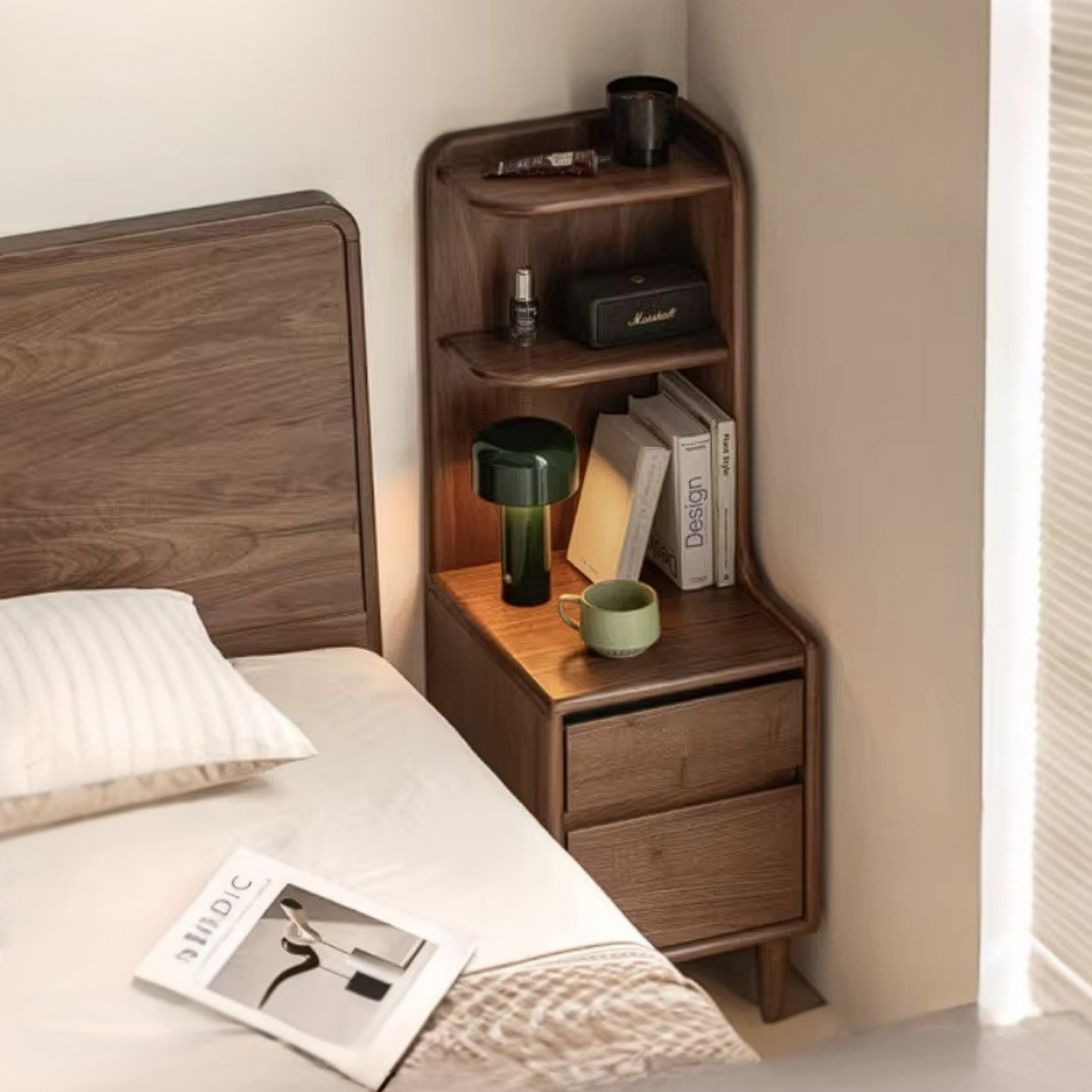 Black Walnut Solid Wood Bedside Table with Drawer and Open Shelf