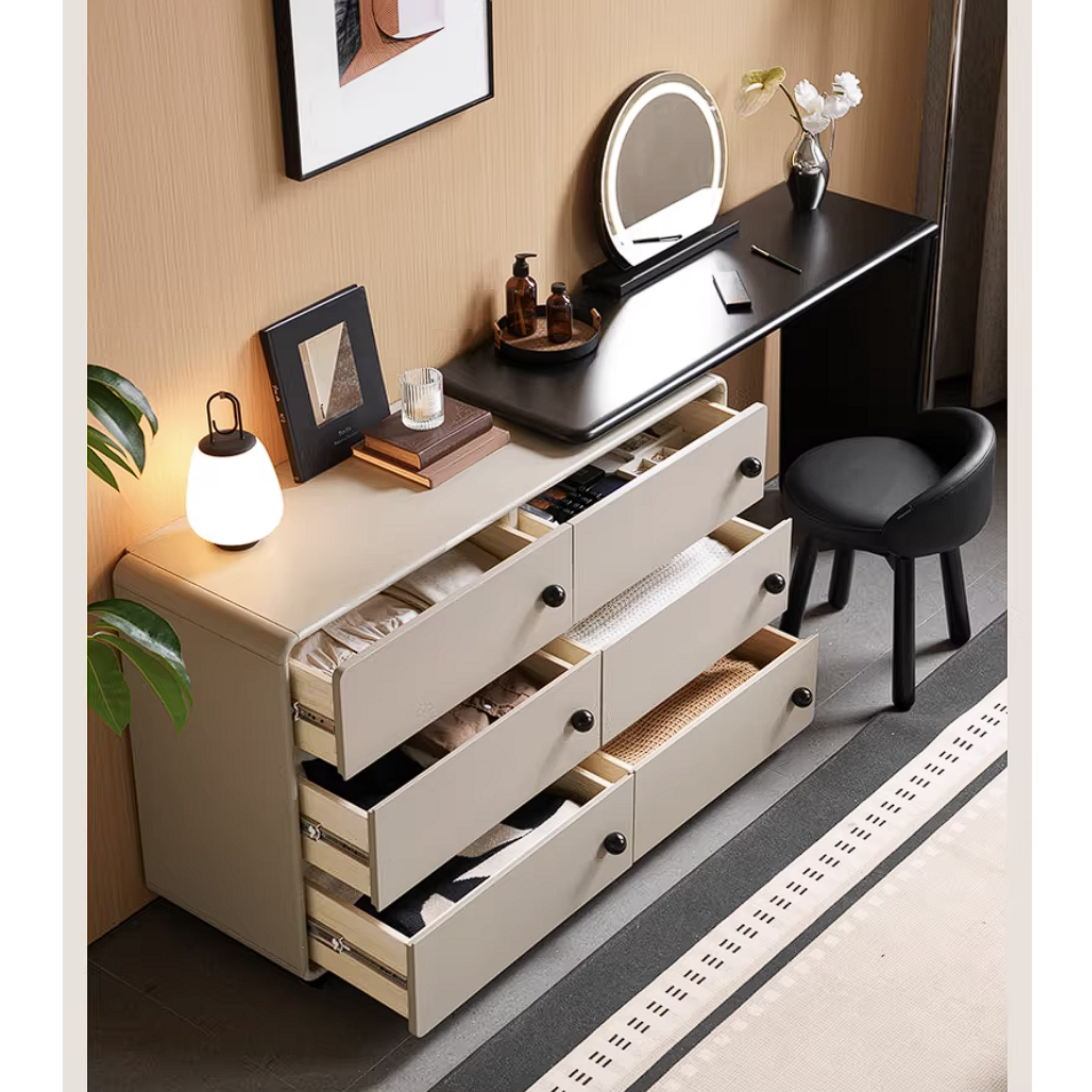 Rubberwood Solid Wood Rotating Extendable Vanity Table with