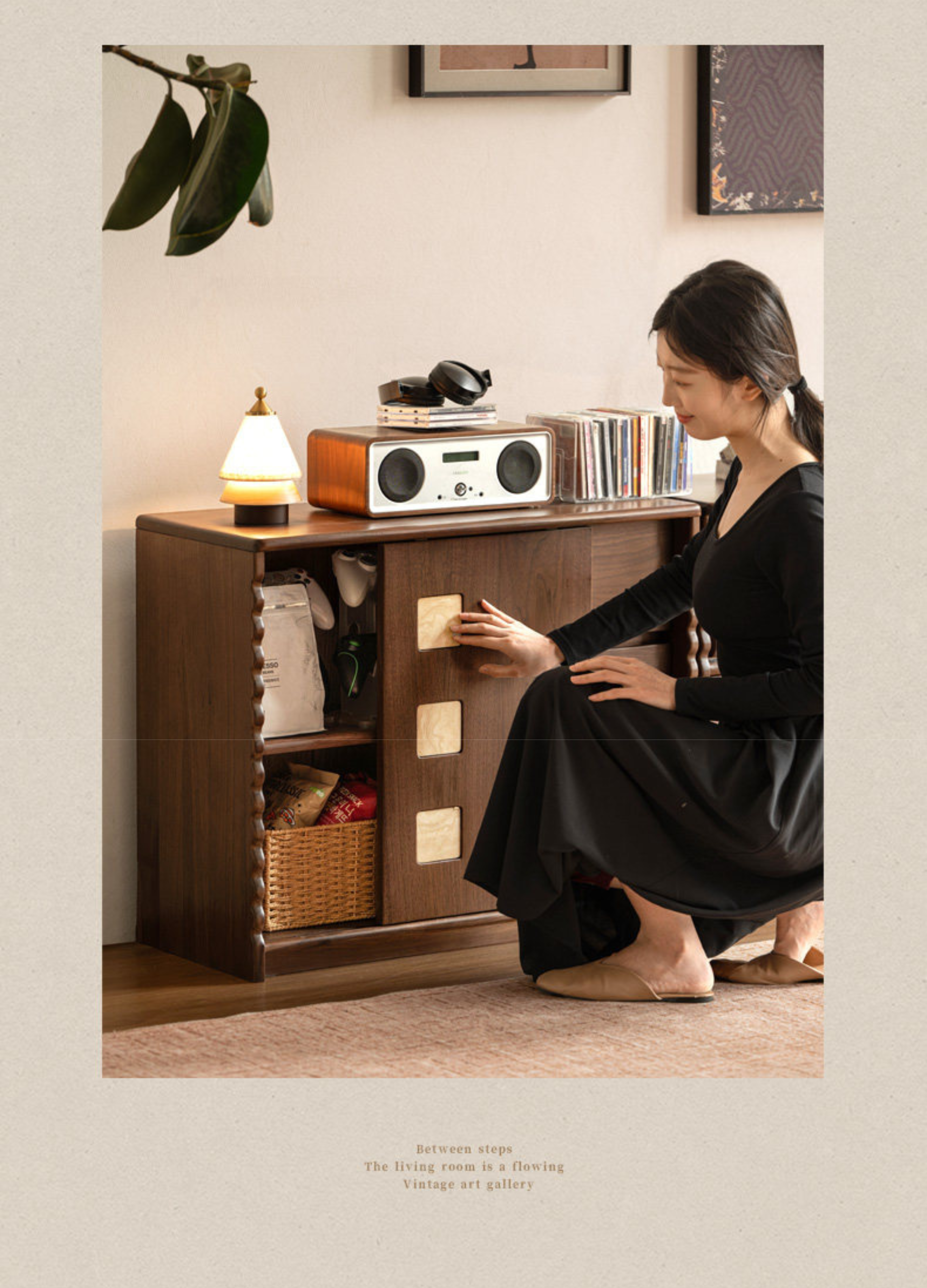 Black Walnut Solid Wood Tall TV Cabinet Modular Sideboard, Mid Century Gallery Style Storage Cabinet with Fluted Details