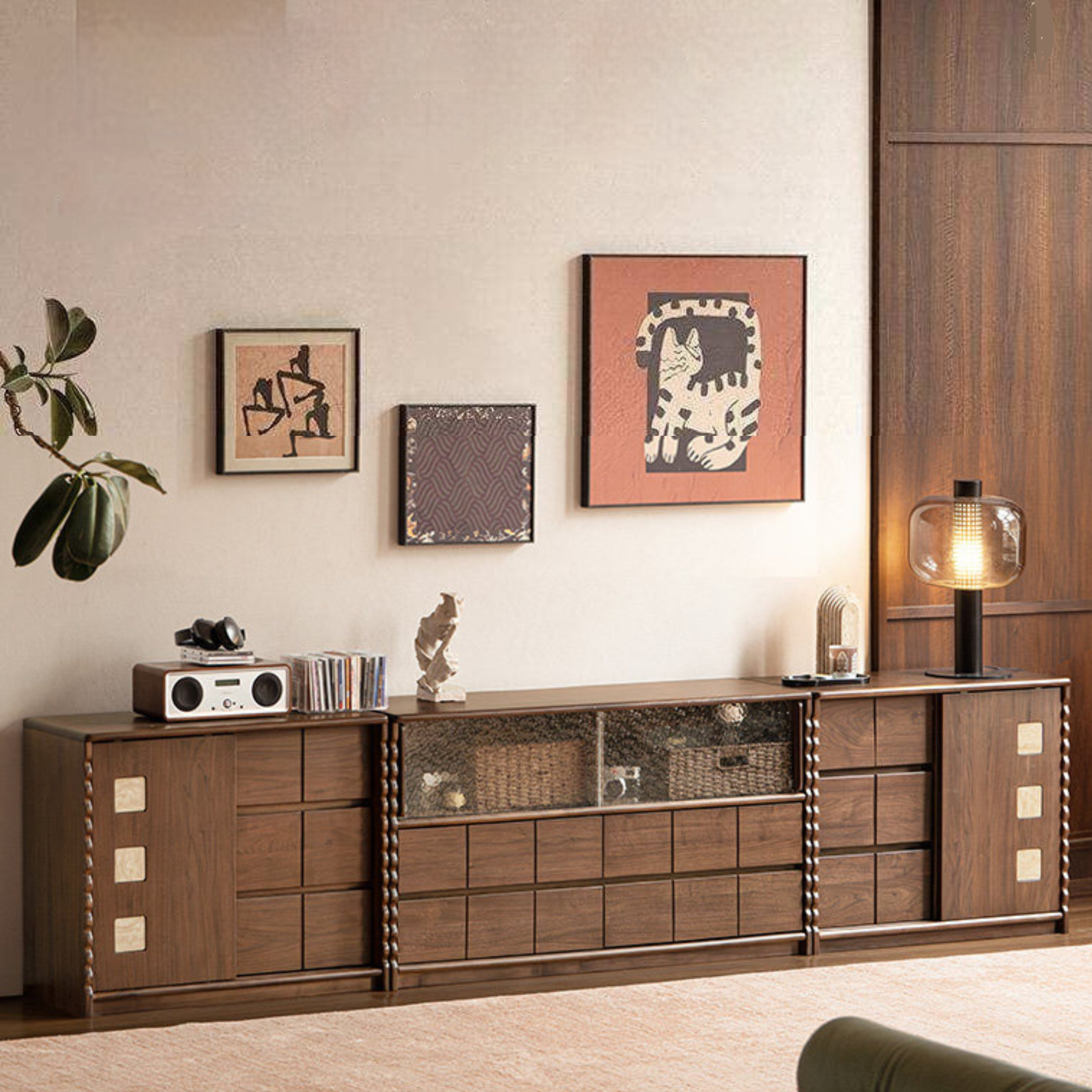Black Walnut Solid Wood Tall TV Cabinet Modular Sideboard, Mid Century Gallery Style Storage Cabinet with Fluted Details