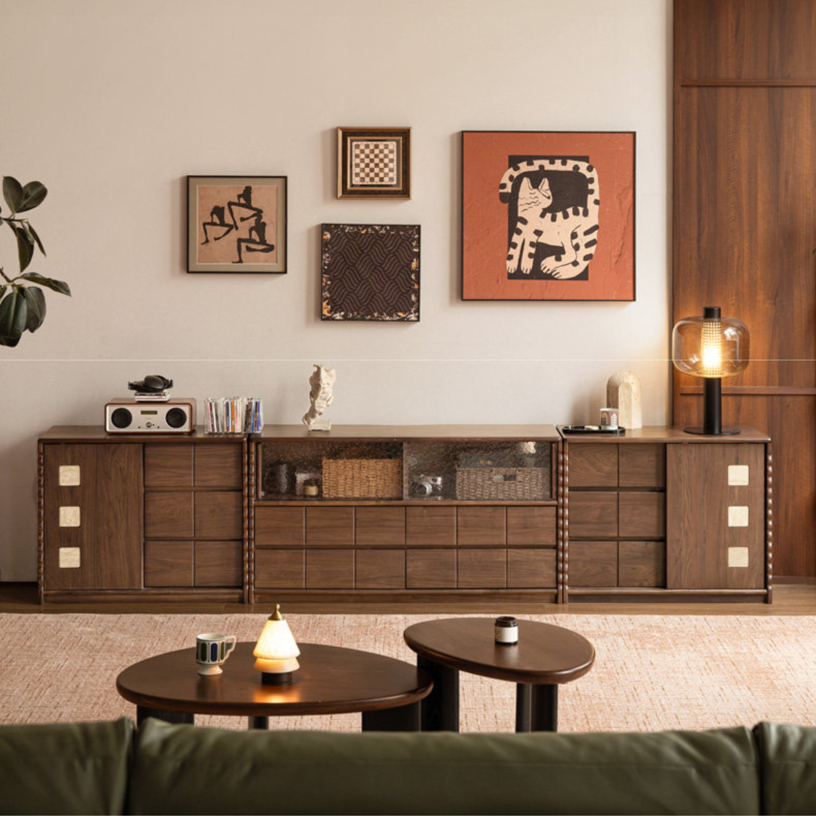 Black Walnut Solid Wood Tall TV Cabinet Modular Sideboard, Mid Century Gallery Style Storage Cabinet with Fluted Details