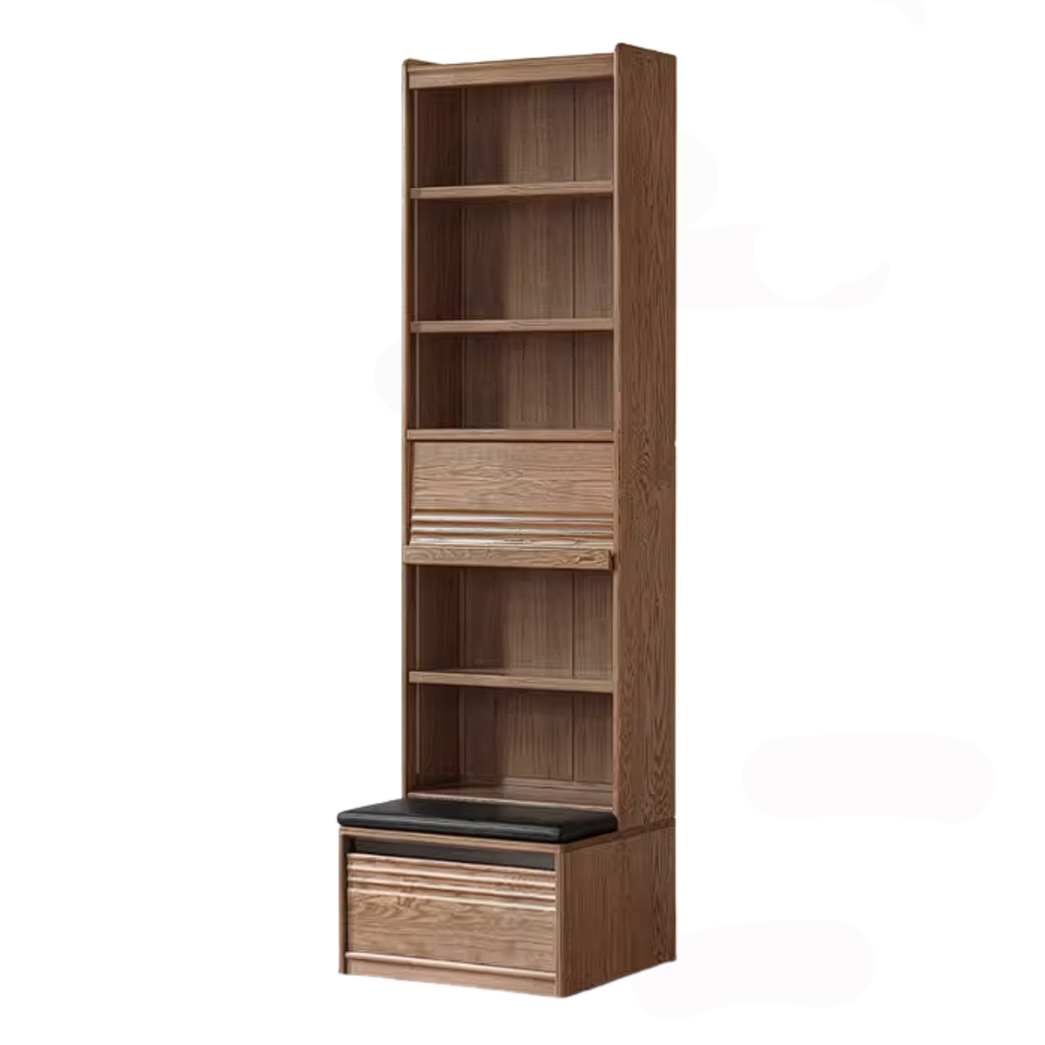 Ash Solid Wood Bookcase with Built In Bench Seat and Storage Drawer, Display Cabinet